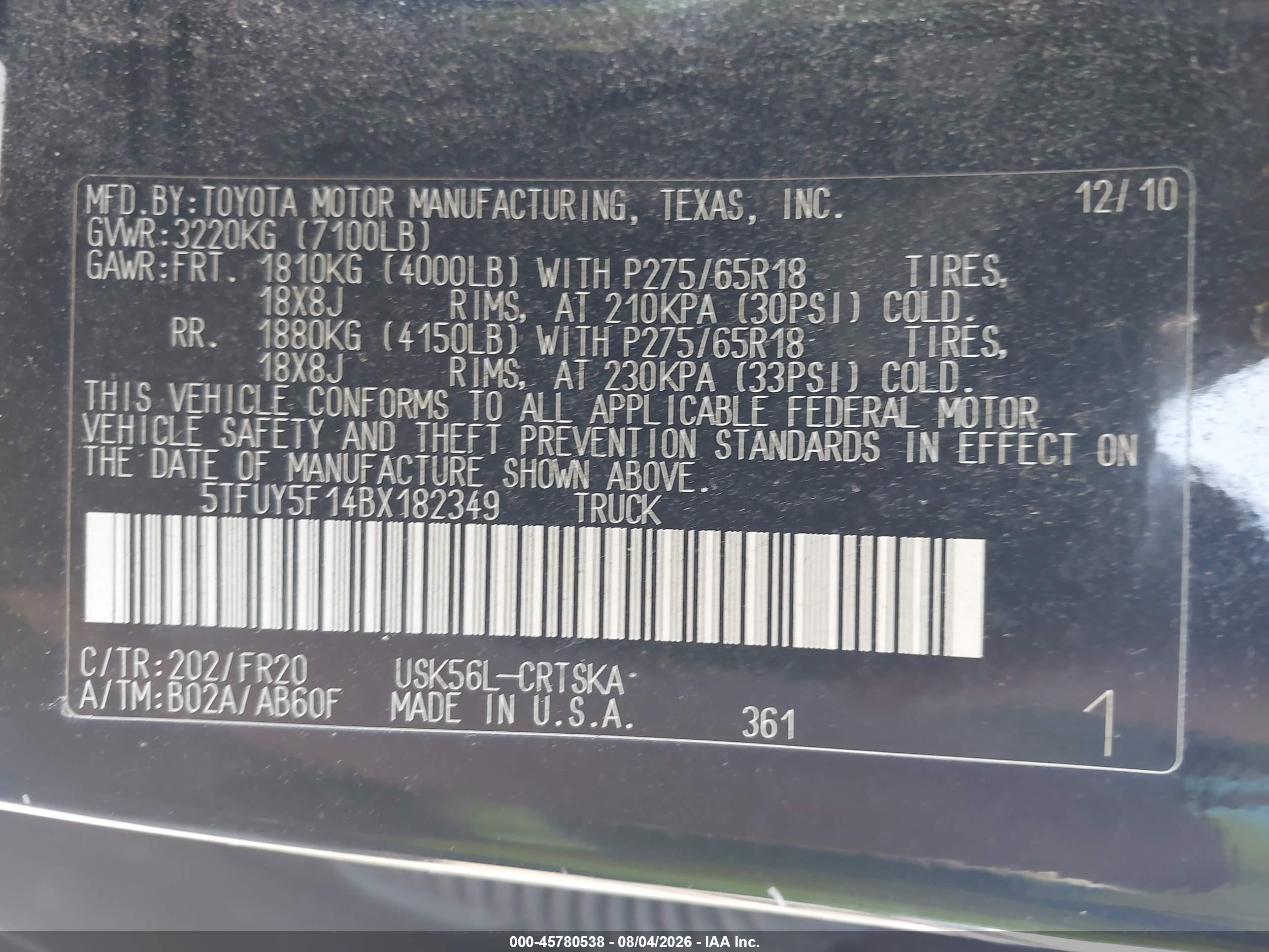 2011 Toyota Tundra Grade 5.7l V8 Черный vin: 5TFUY5F14BX182349