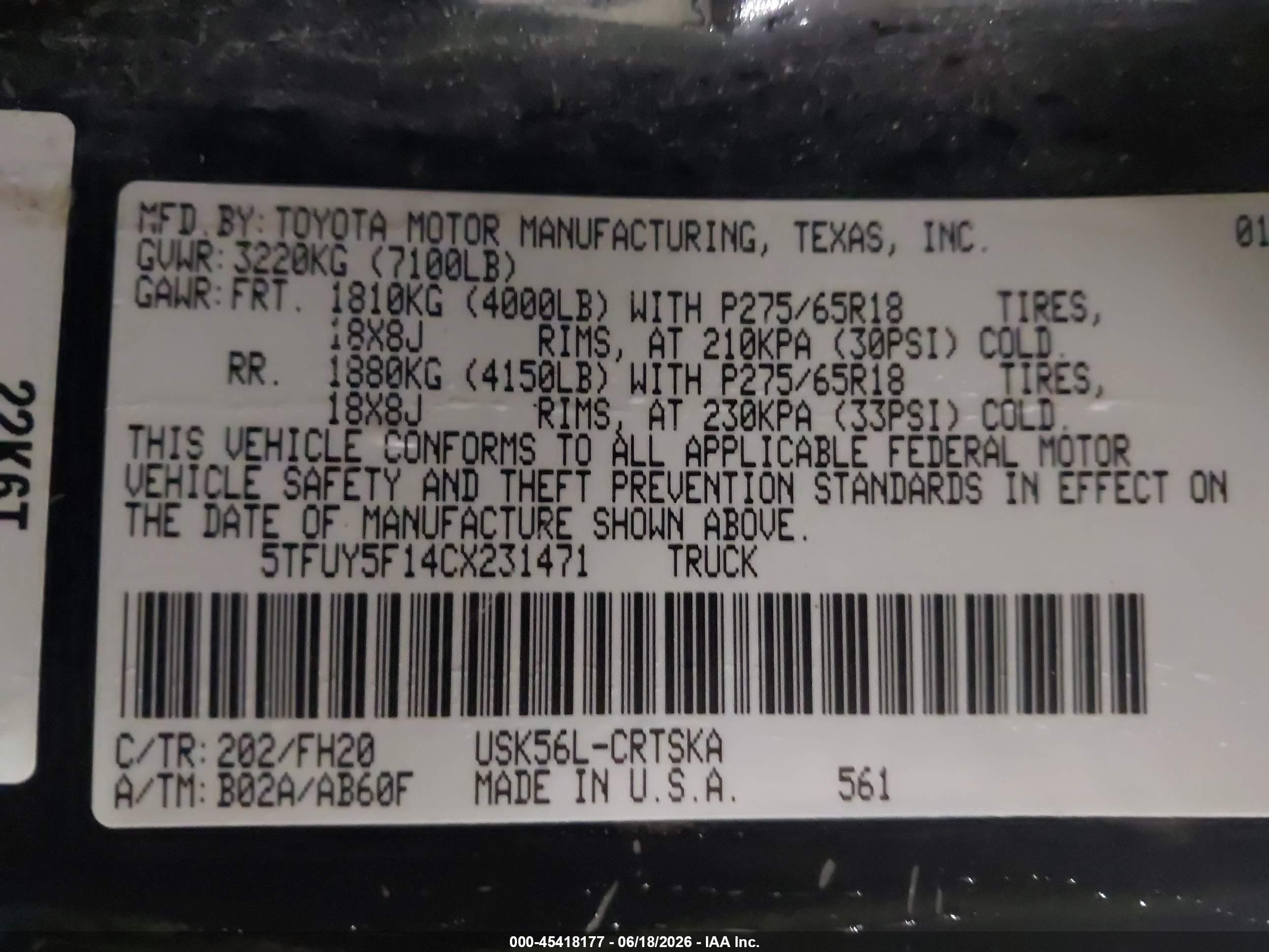 2012 Toyota Tundra Grade 5.7l V8 Черный vin: 5TFUY5F14CX231471