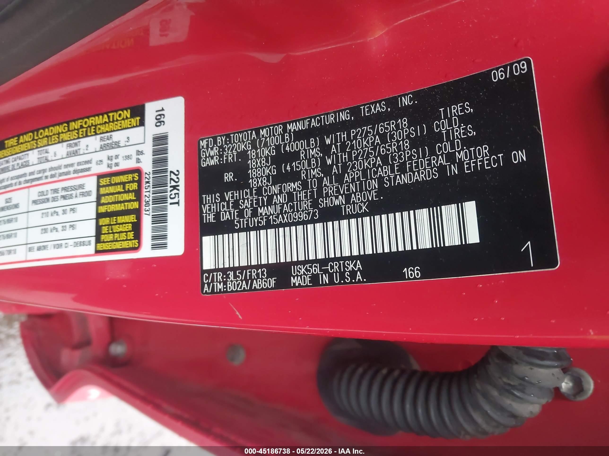 2010 Toyota Tundra Grade 5.7l V8 Red vin: 5TFUY5F15AX099673