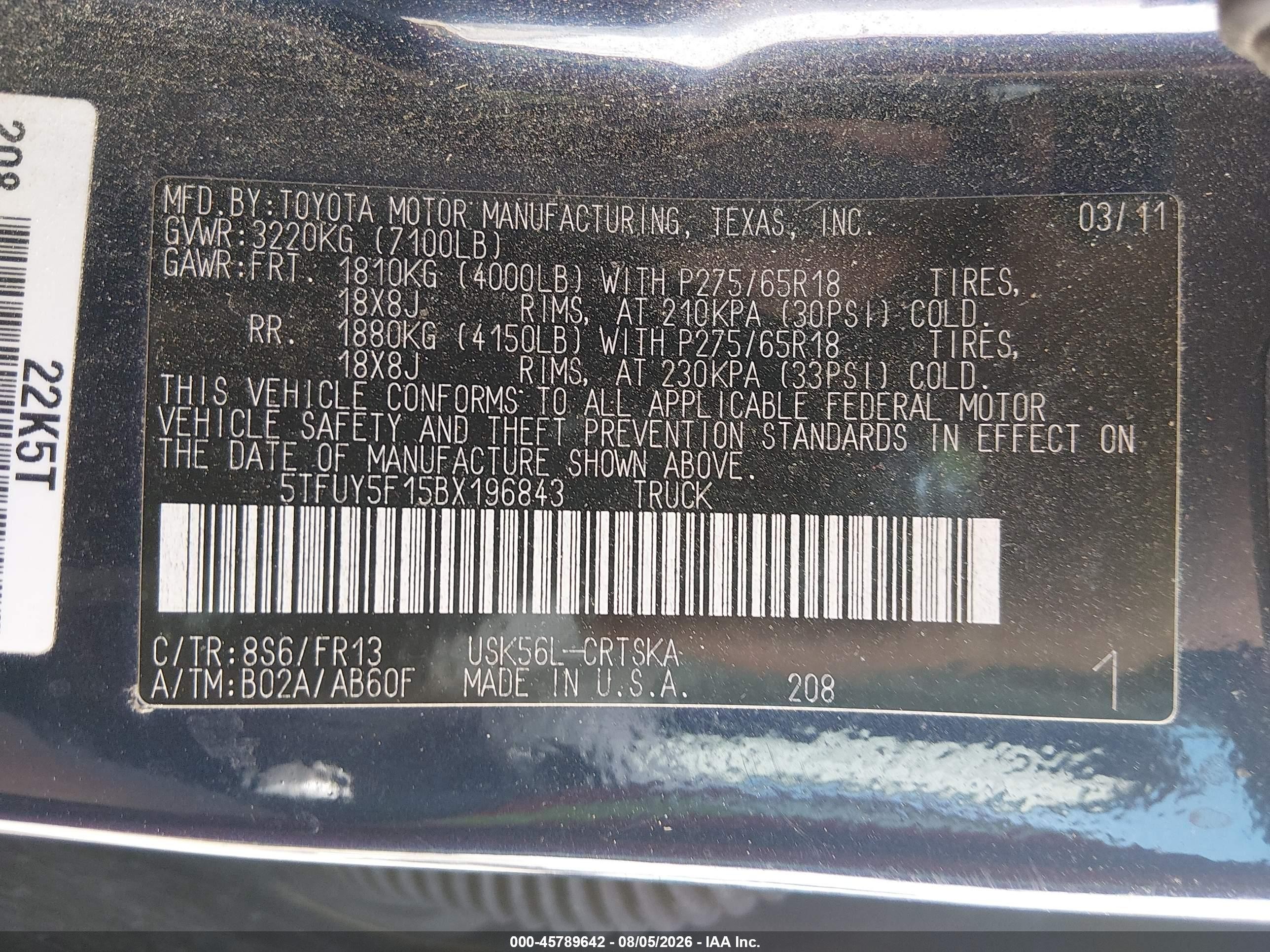 2011 Toyota Tundra Grade 5.7l V8 Blue vin: 5TFUY5F15BX196843