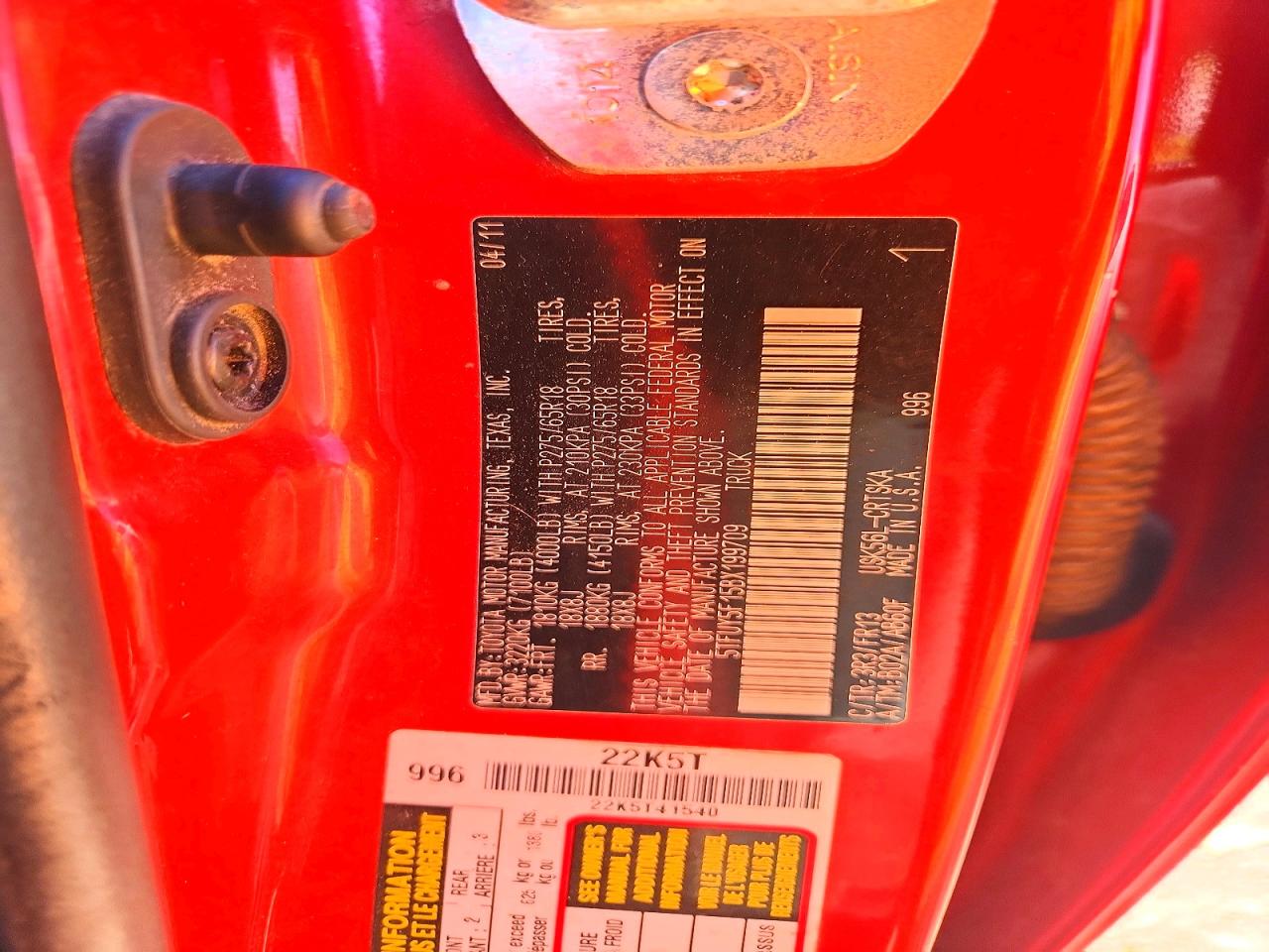 2011 Toyota Tundra Double Cab Sr5 Red vin: 5TFUY5F15BX199709