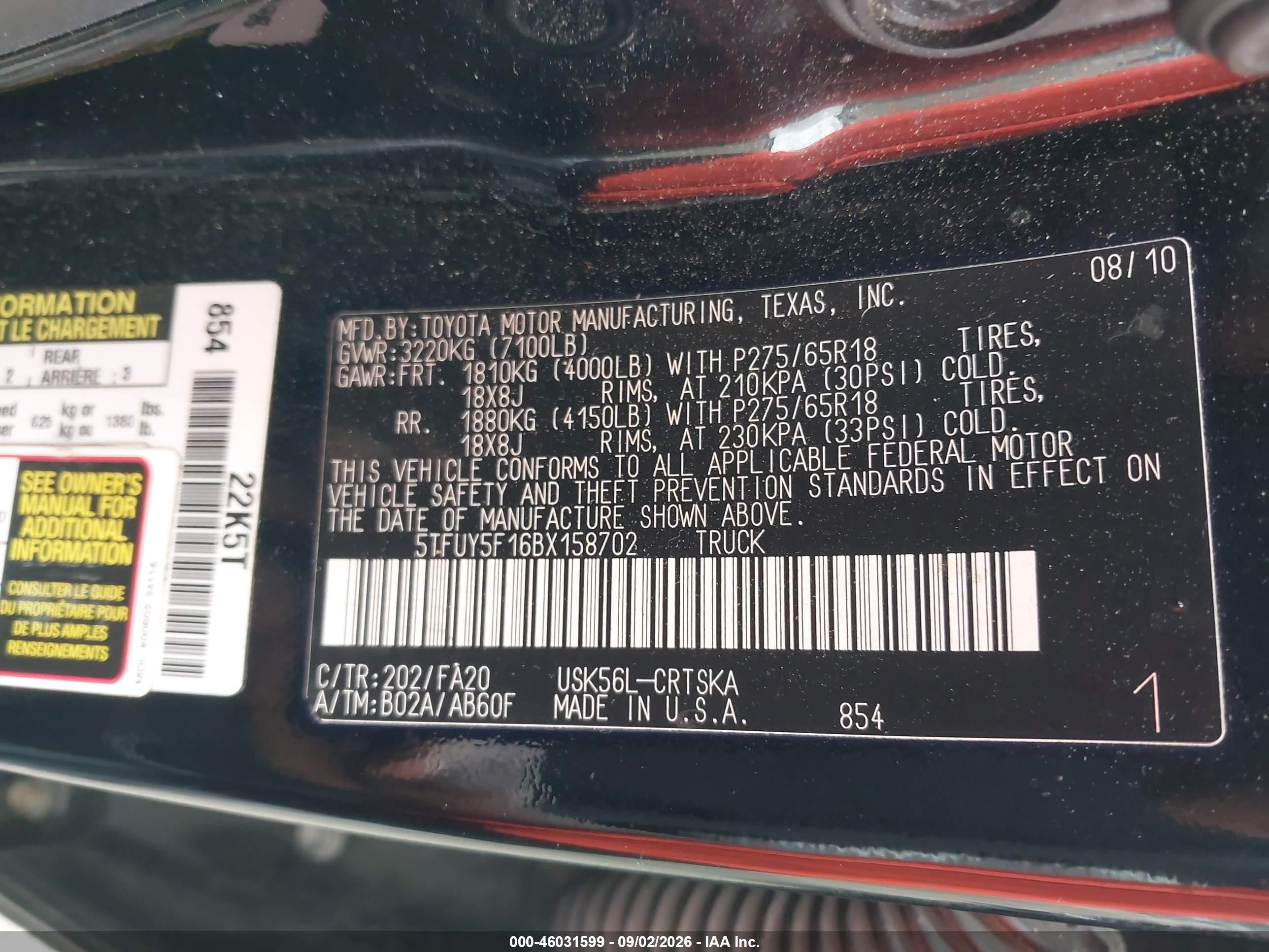 2011 Toyota Tundra Grade 5.7l V8 Black vin: 5TFUY5F16BX158702