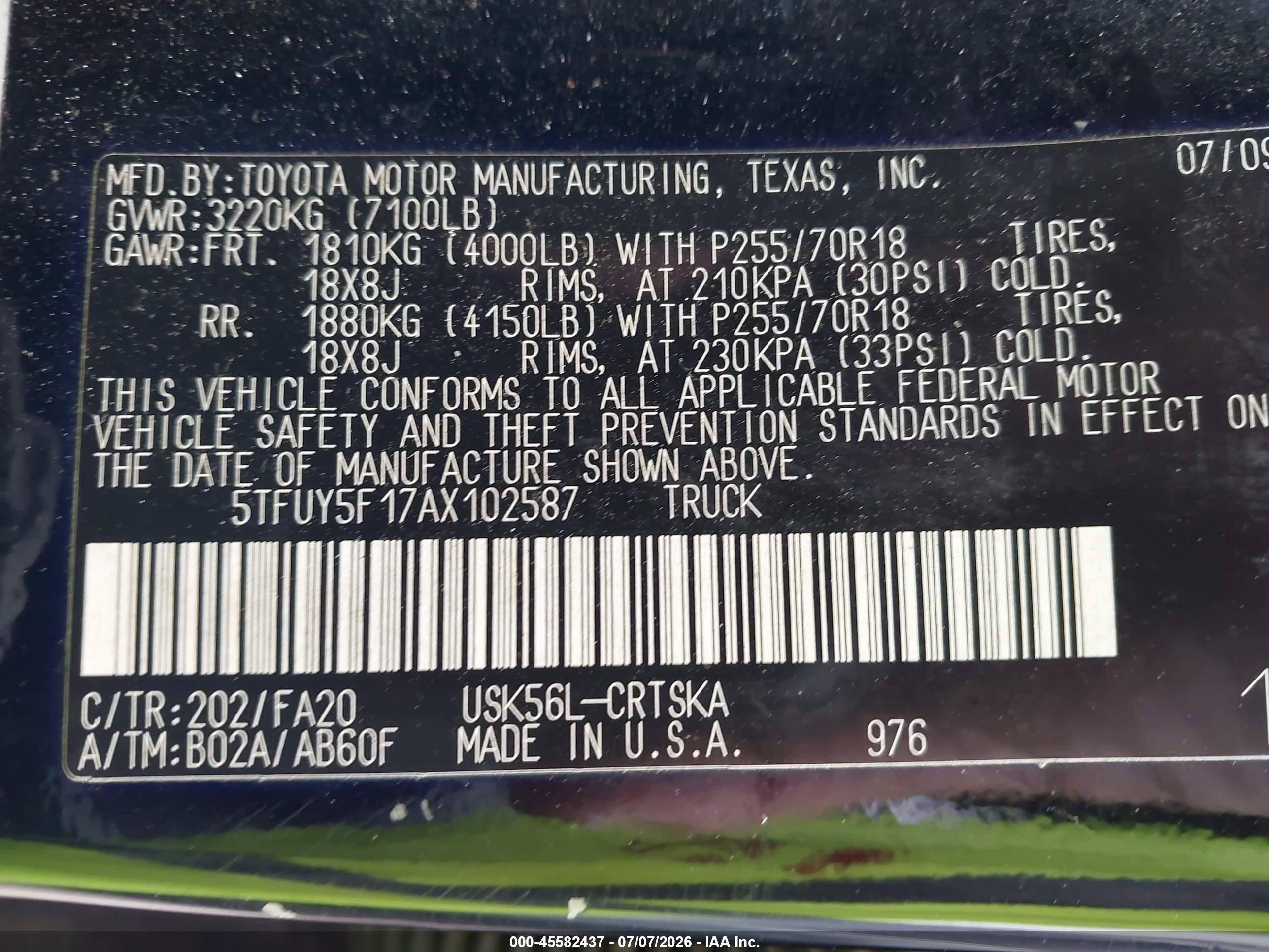 2010 Toyota Tundra Grade 5.7l V8 Black vin: 5TFUY5F17AX102587