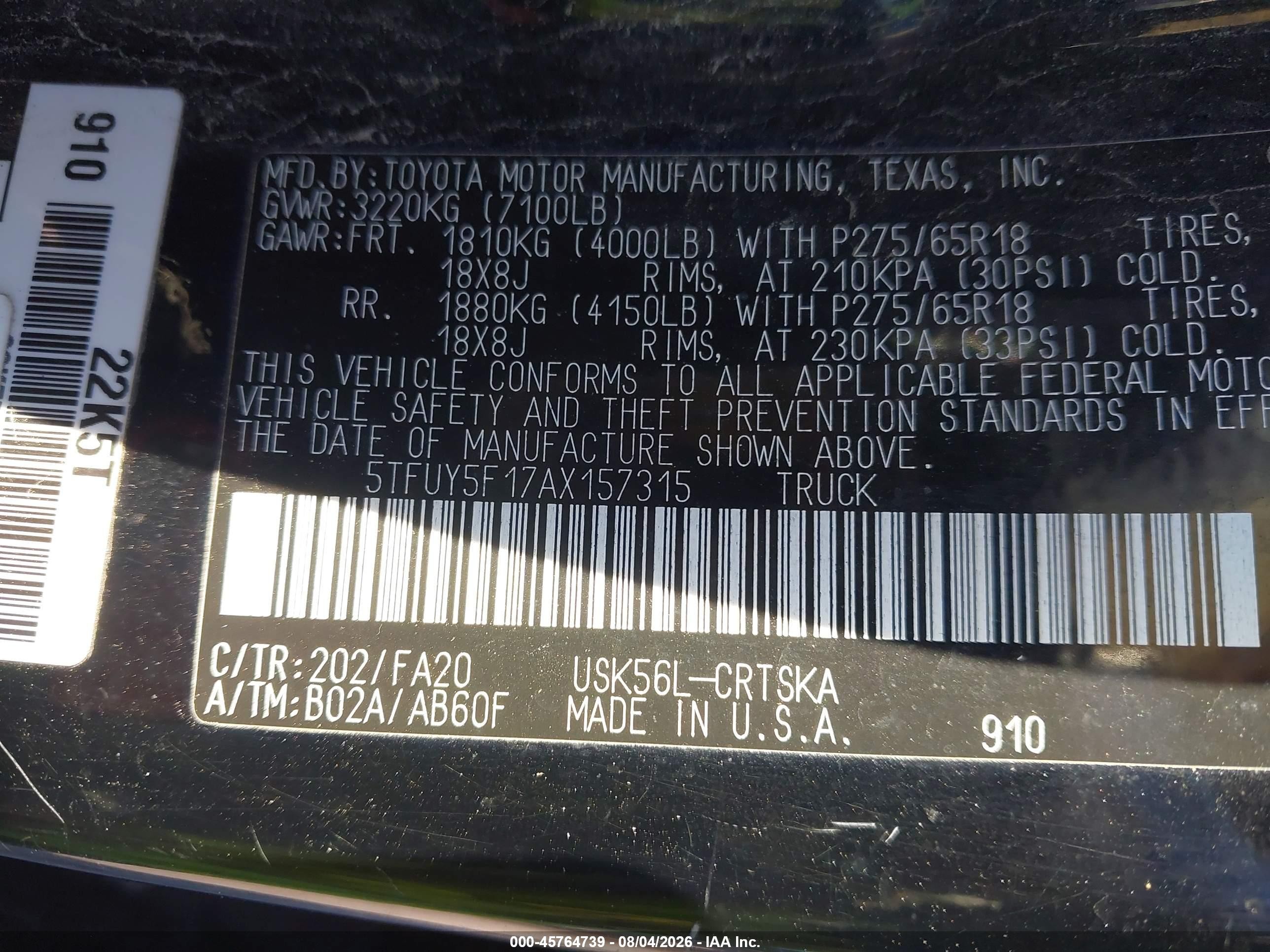 2010 Toyota Tundra Grade 5.7l V8 Черный vin: 5TFUY5F17AX157315