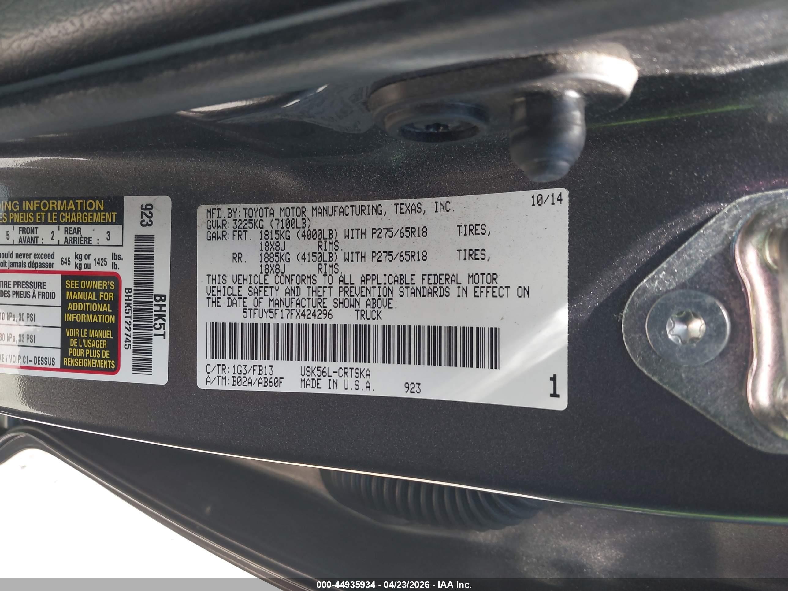 2015 Toyota Tundra Sr5 5.7l V8 Gray vin: 5TFUY5F17FX424296