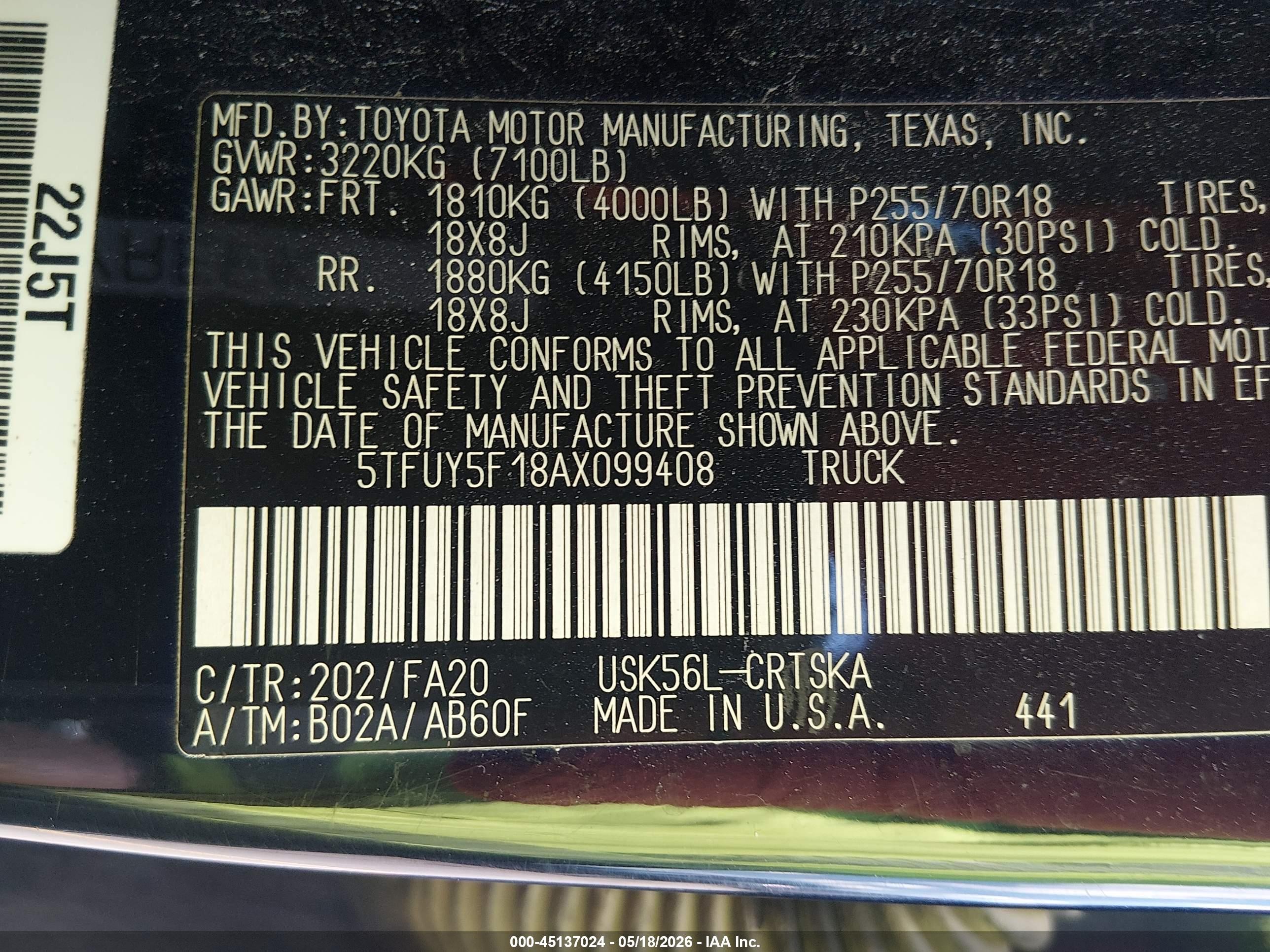 2010 Toyota Tundra Grade 5.7l V8 Black vin: 5TFUY5F18AX099408