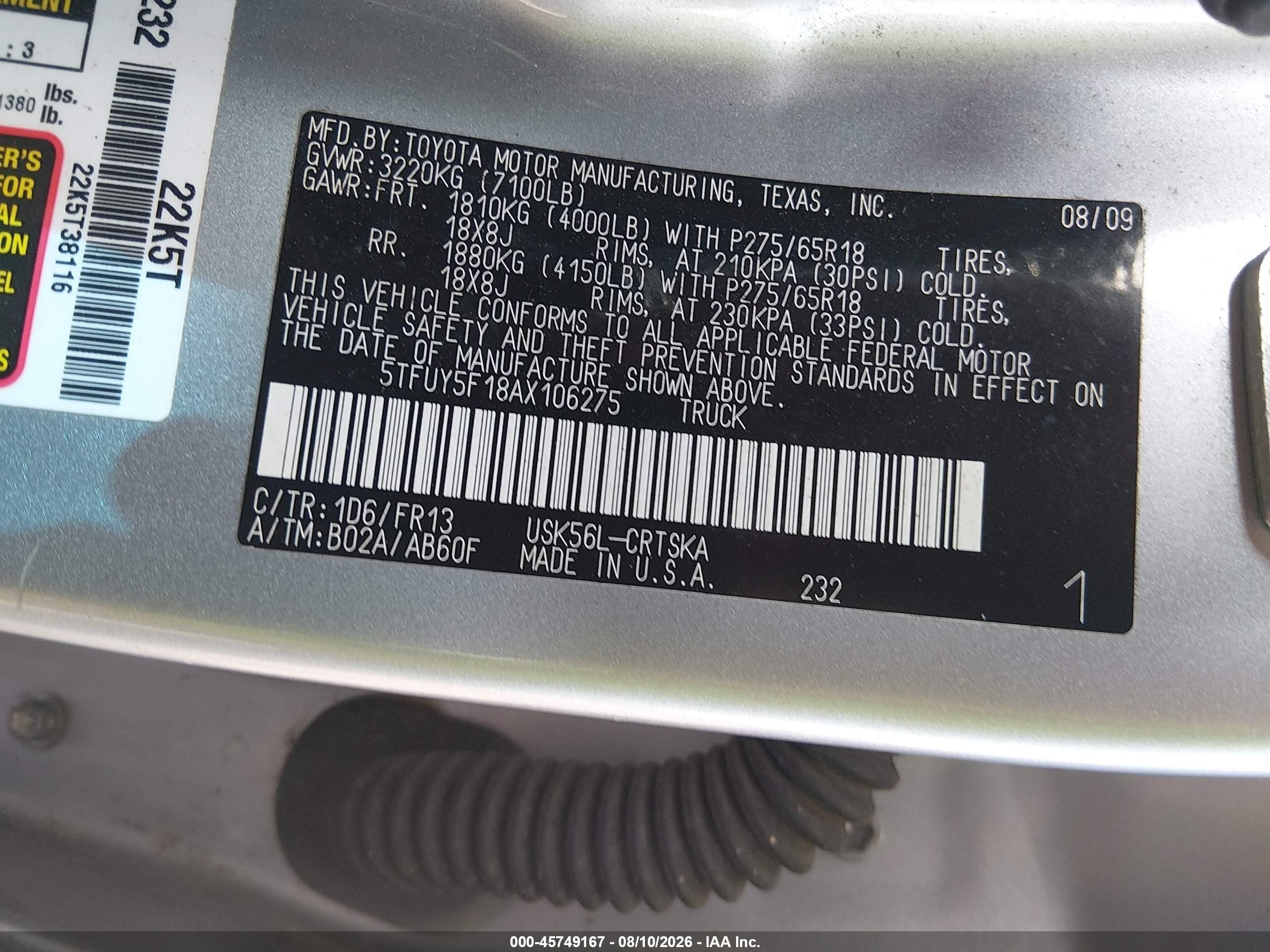 2010 Toyota Tundra Grade 5.7l V8 Silver vin: 5TFUY5F18AX106275