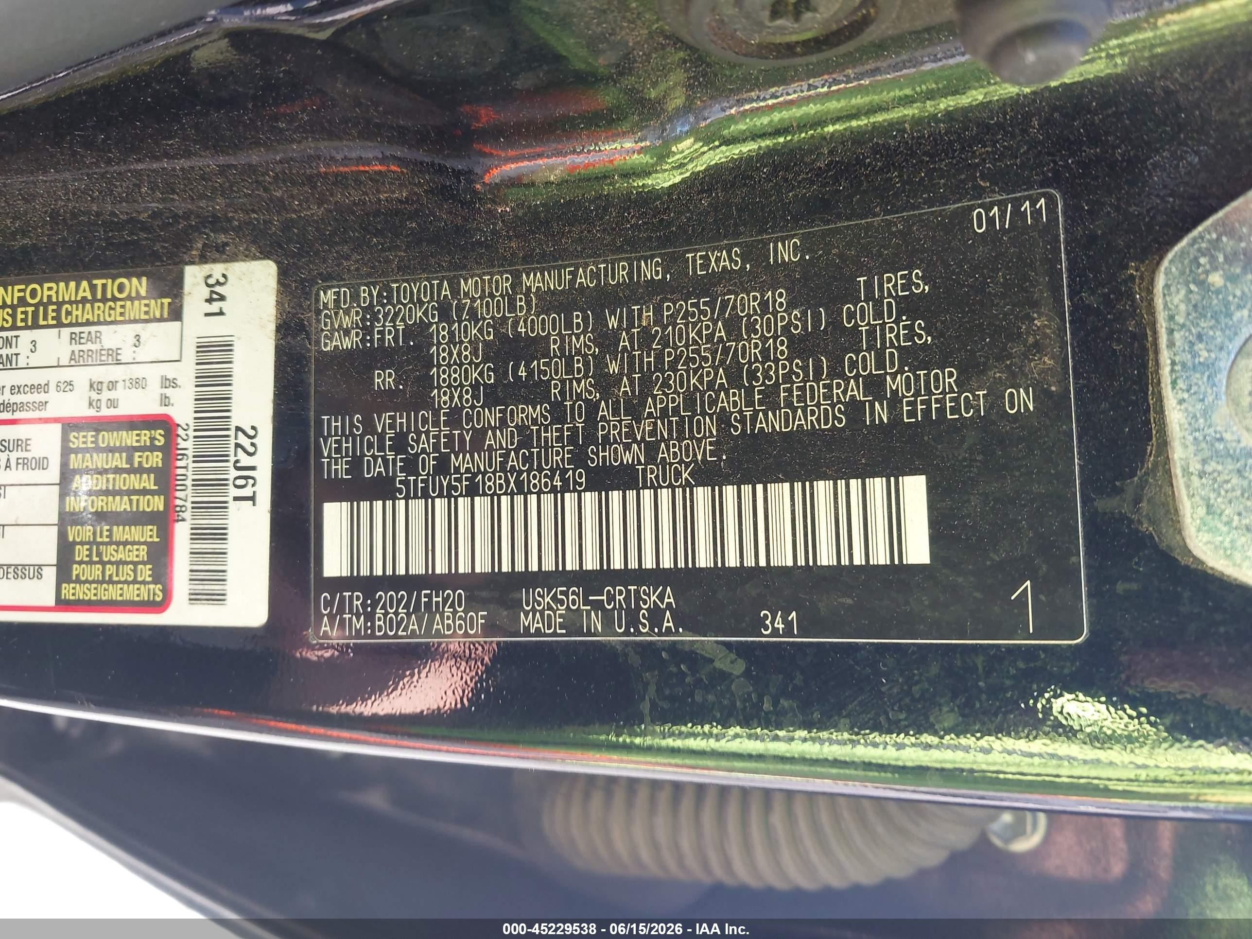 2011 Toyota Tundra Grade 5.7l V8 Черный vin: 5TFUY5F18BX186419