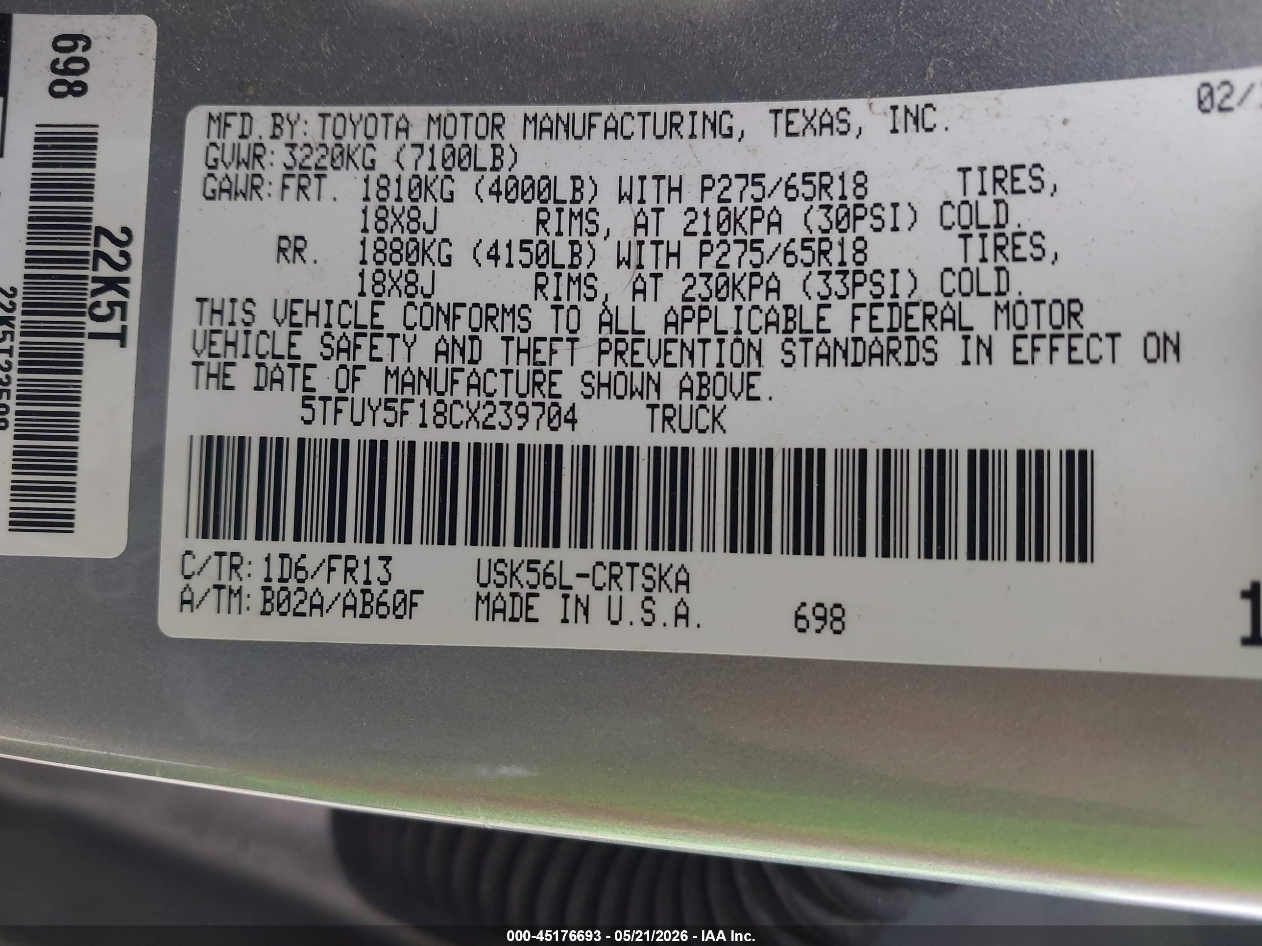 2012 Toyota Tundra Grade 5.7l V8 Серебряный vin: 5TFUY5F18CX239704