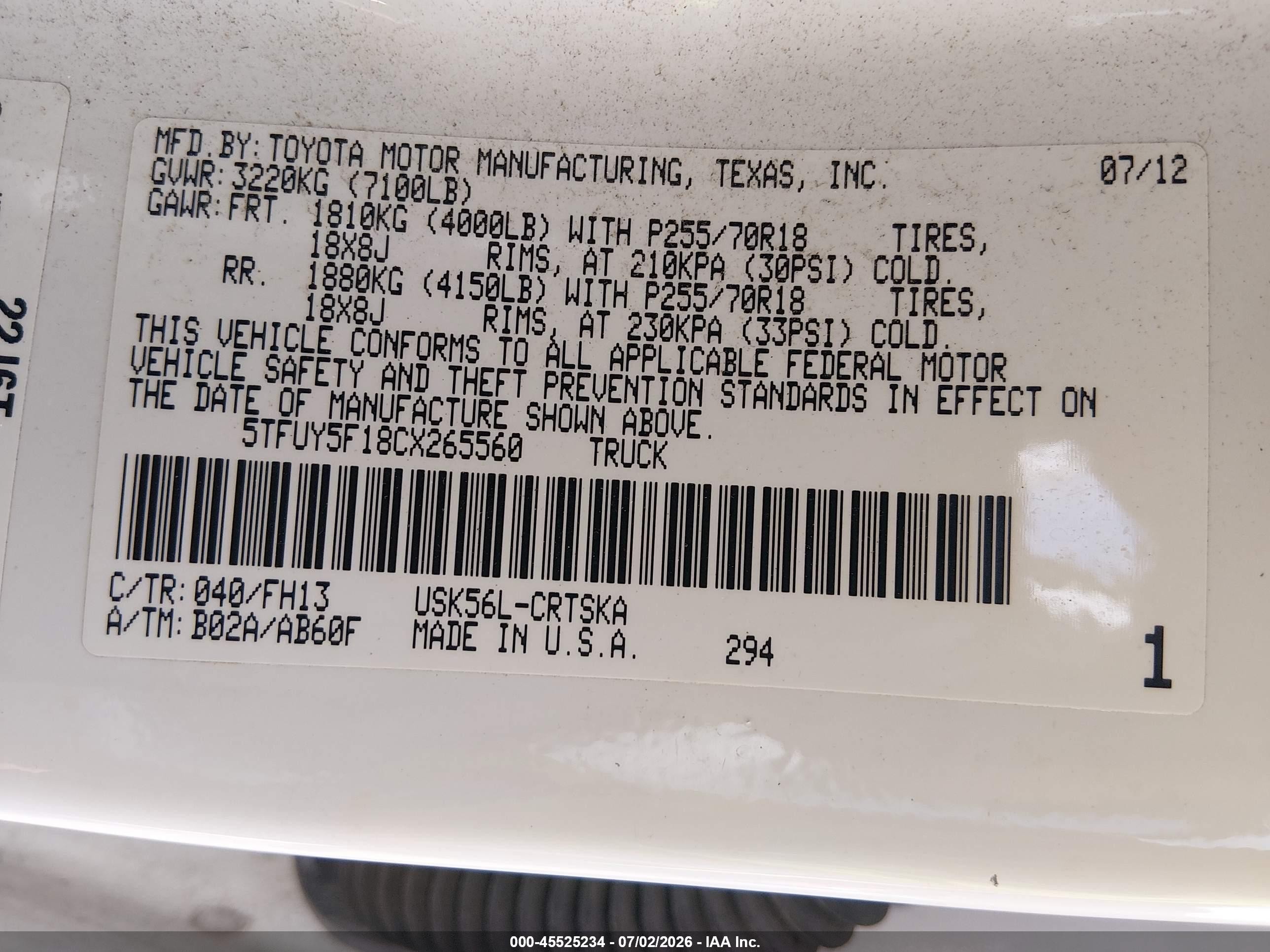 2012 Toyota Tundra Grade 5.7l V8 White vin: 5TFUY5F18CX265560