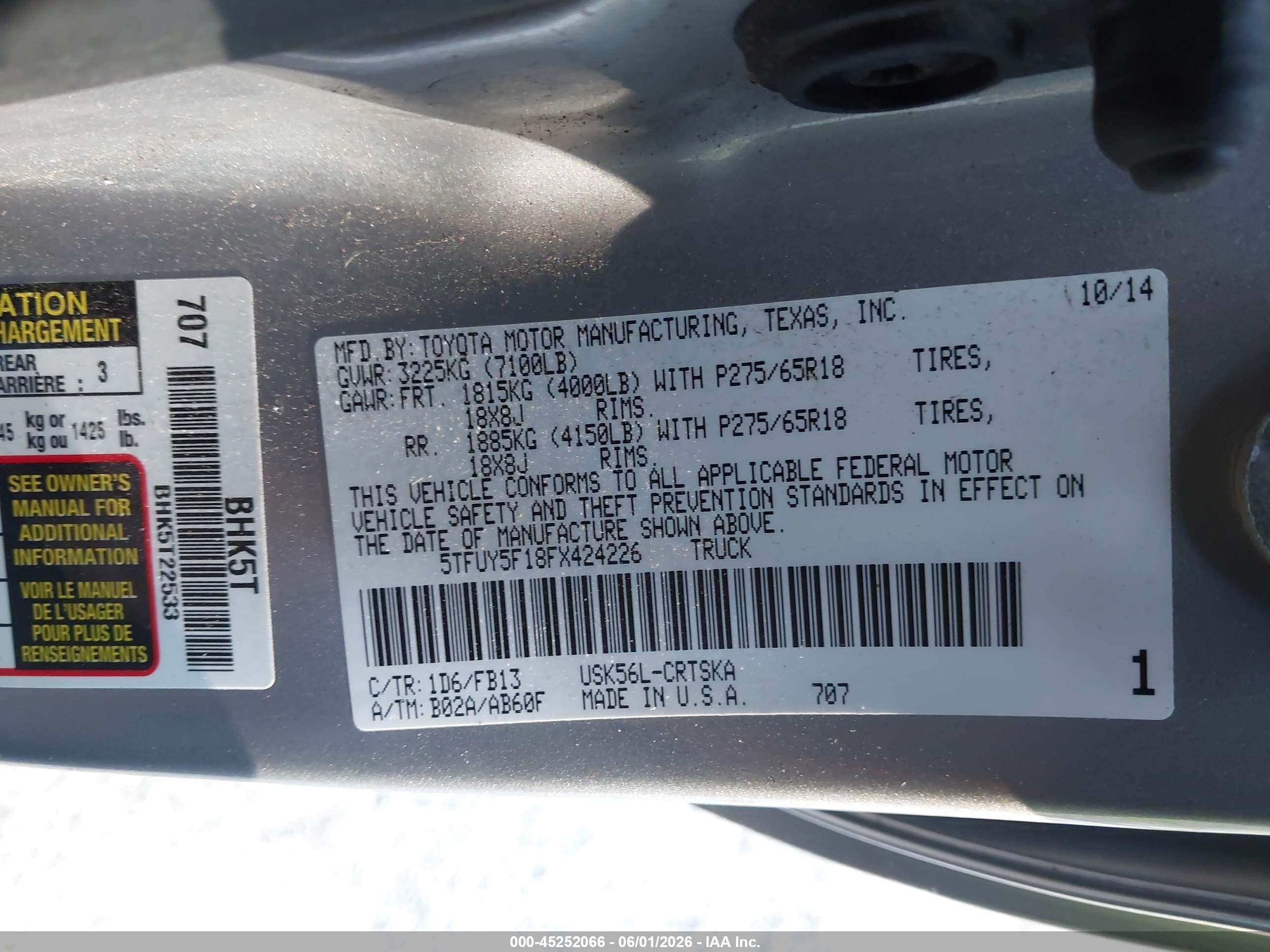 2015 Toyota Tundra Sr5 5.7l V8 Silver vin: 5TFUY5F18FX424226