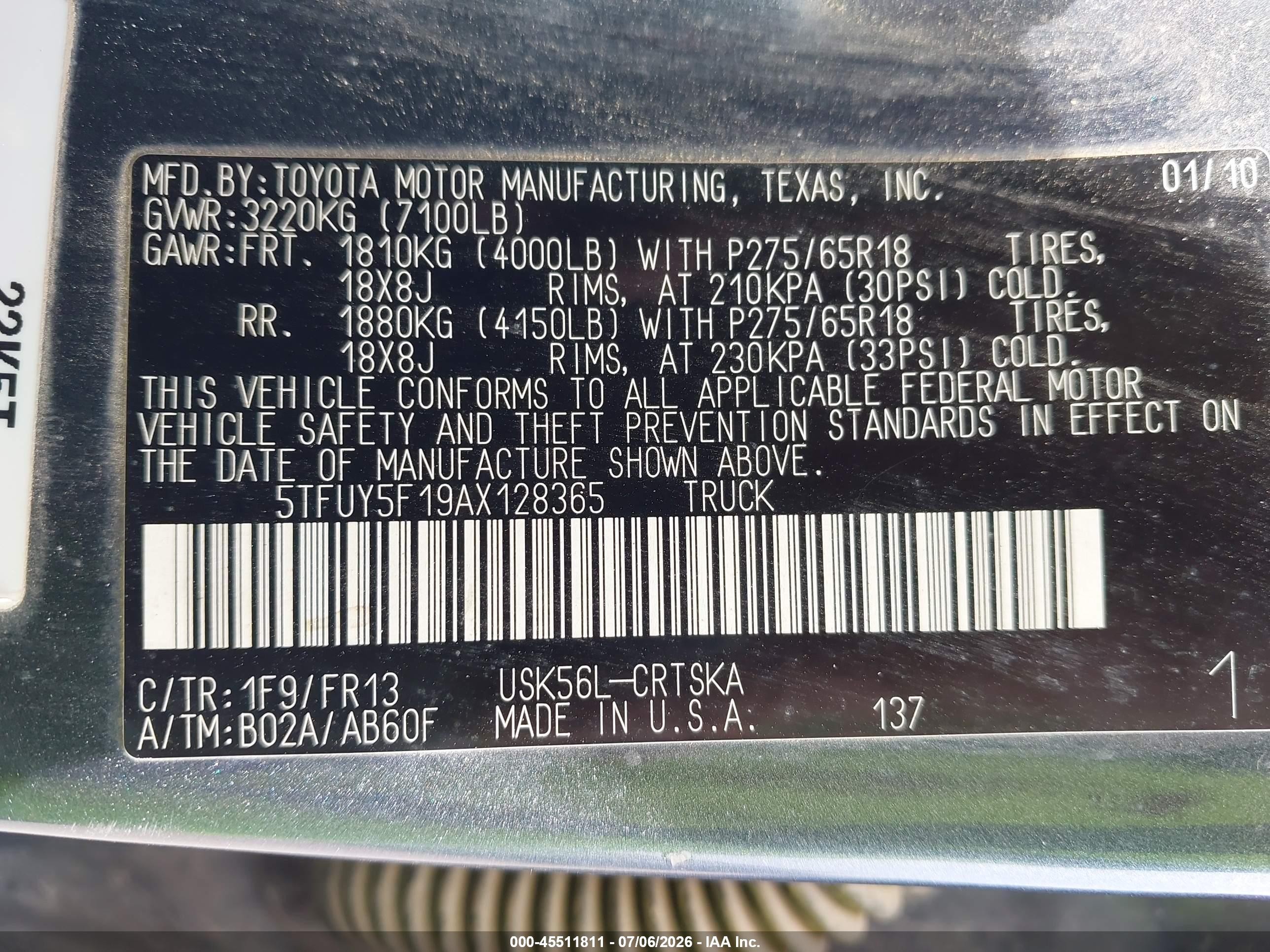 2010 Toyota Tundra Grade 5.7l V8 Blue vin: 5TFUY5F19AX128365
