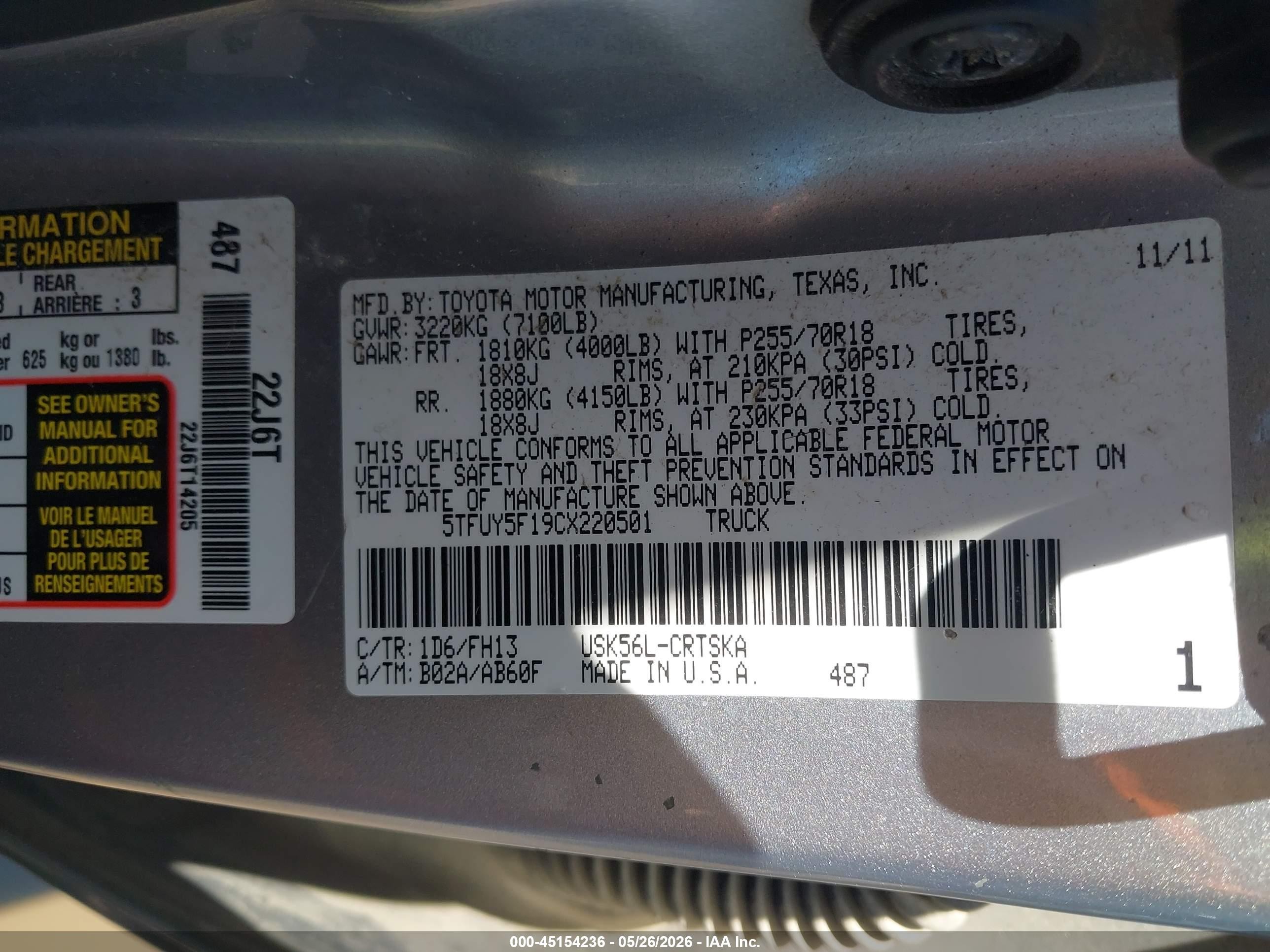 2012 Toyota Tundra Grade 5.7l V8 Silver vin: 5TFUY5F19CX220501