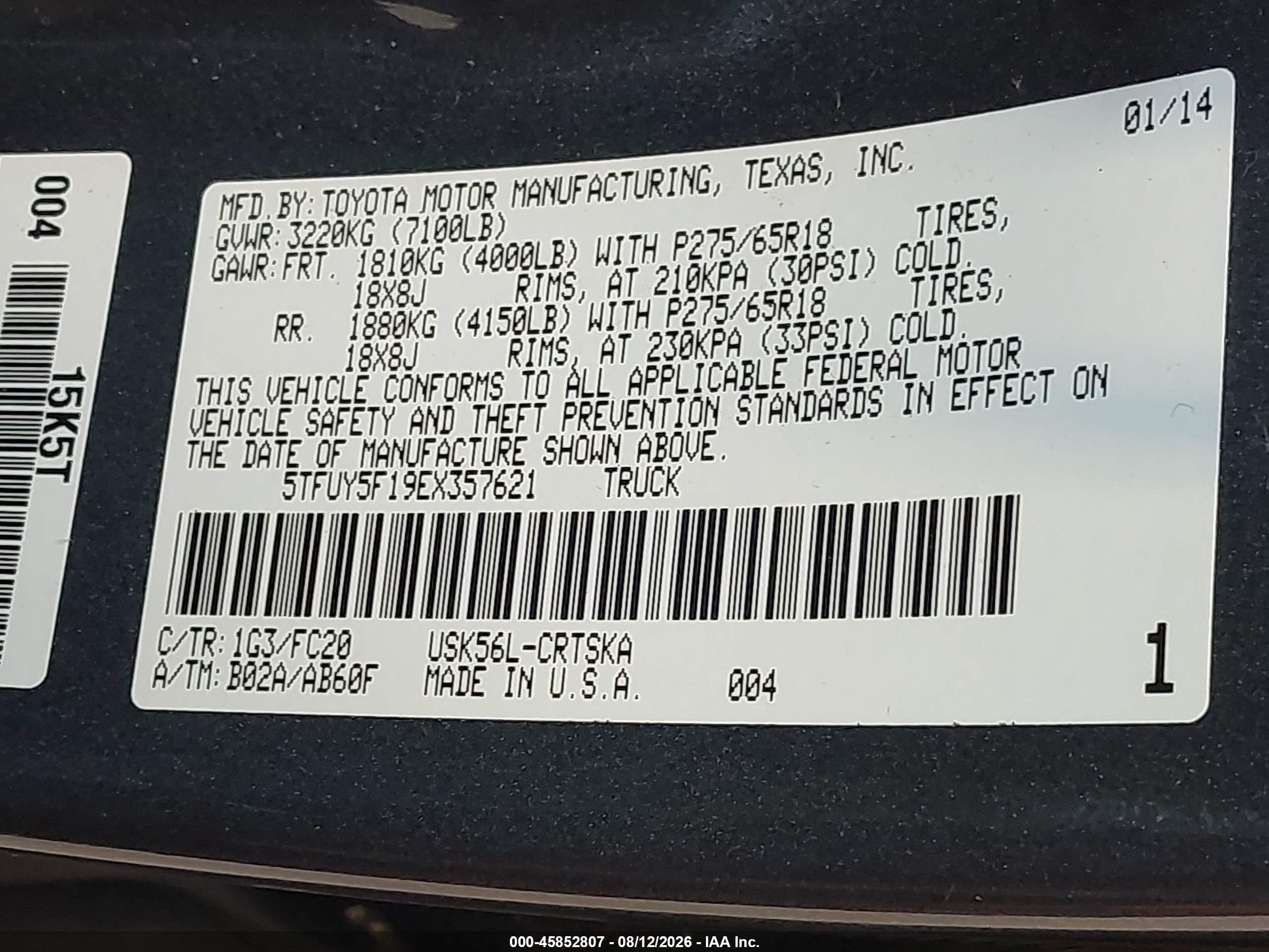 2014 Toyota Tundra Sr5 5.7l V8 Gray vin: 5TFUY5F19EX357621