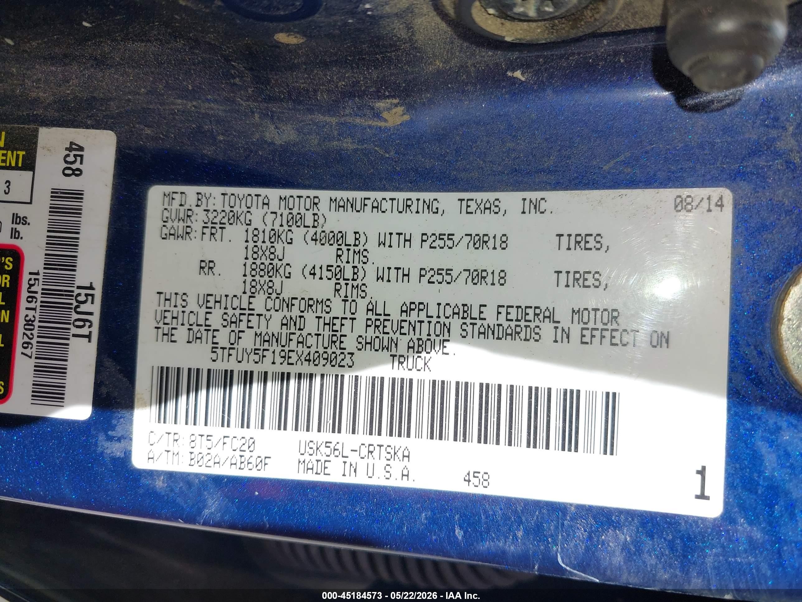 2014 Toyota Tundra Sr5 5.7l V8 Синий vin: 5TFUY5F19EX409023