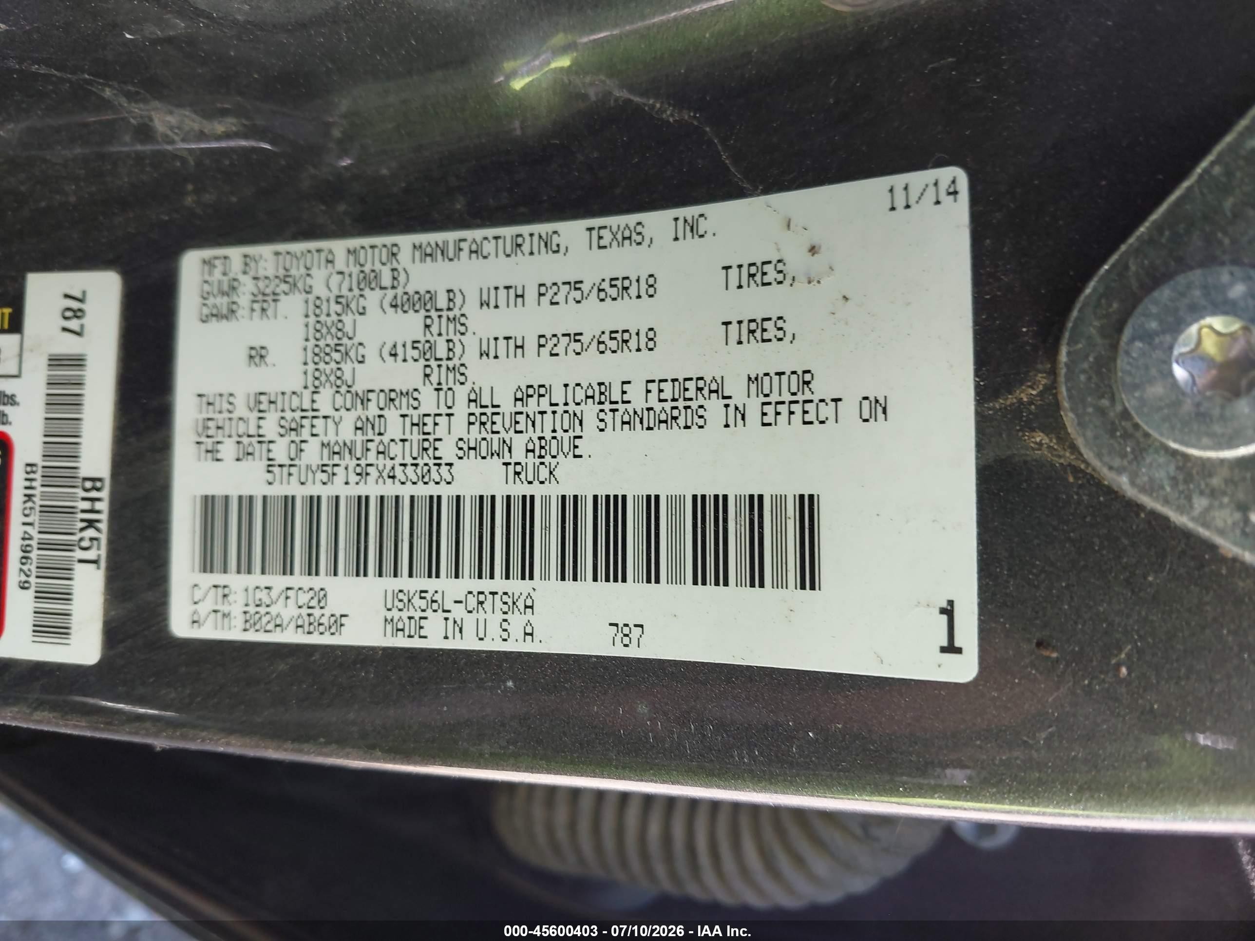 2015 Toyota Tundra Sr5 5.7l V8 Black vin: 5TFUY5F19FX433033