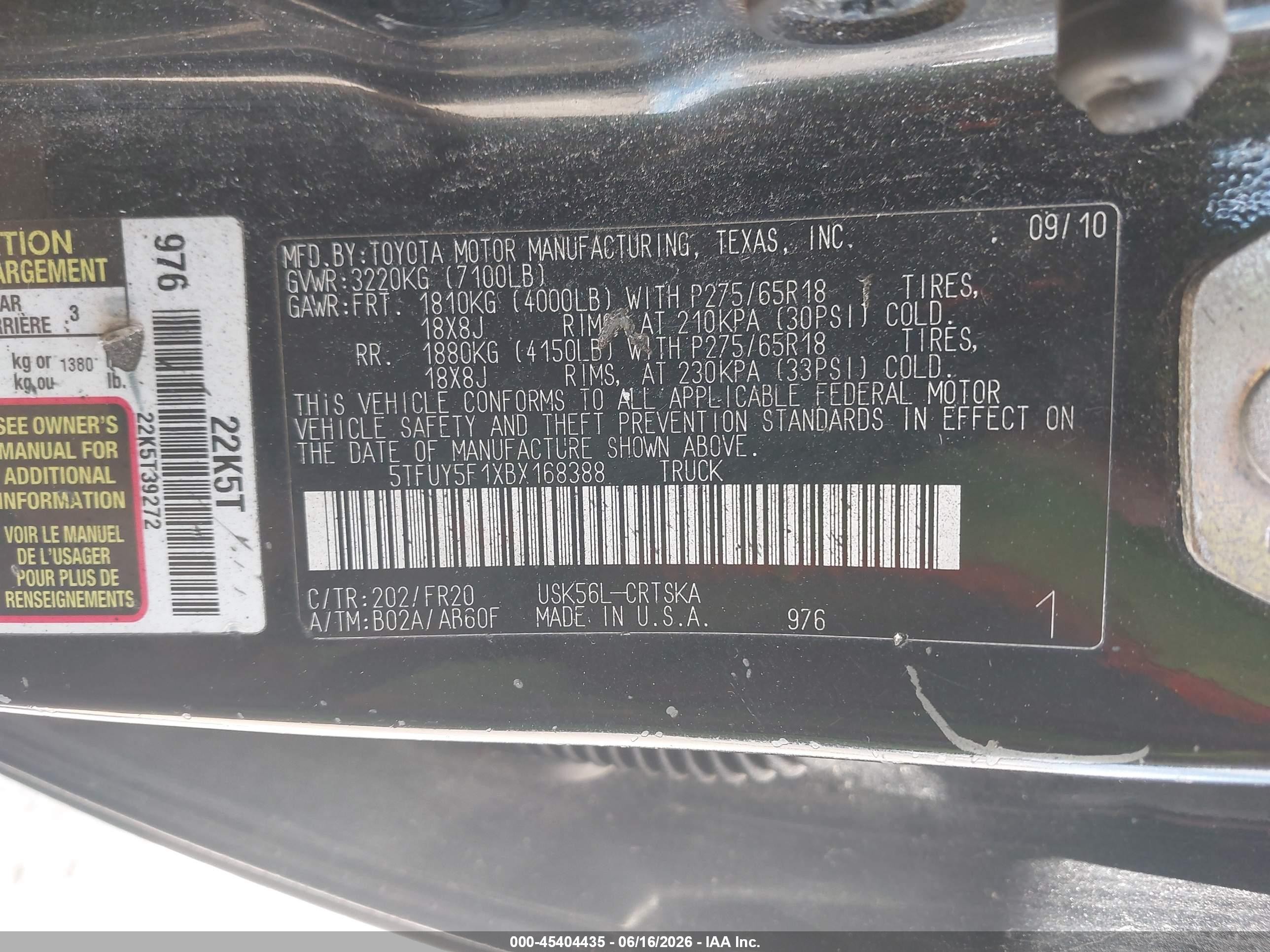 2011 Toyota Tundra Grade 5.7l V8 Black vin: 5TFUY5F1XBX168388