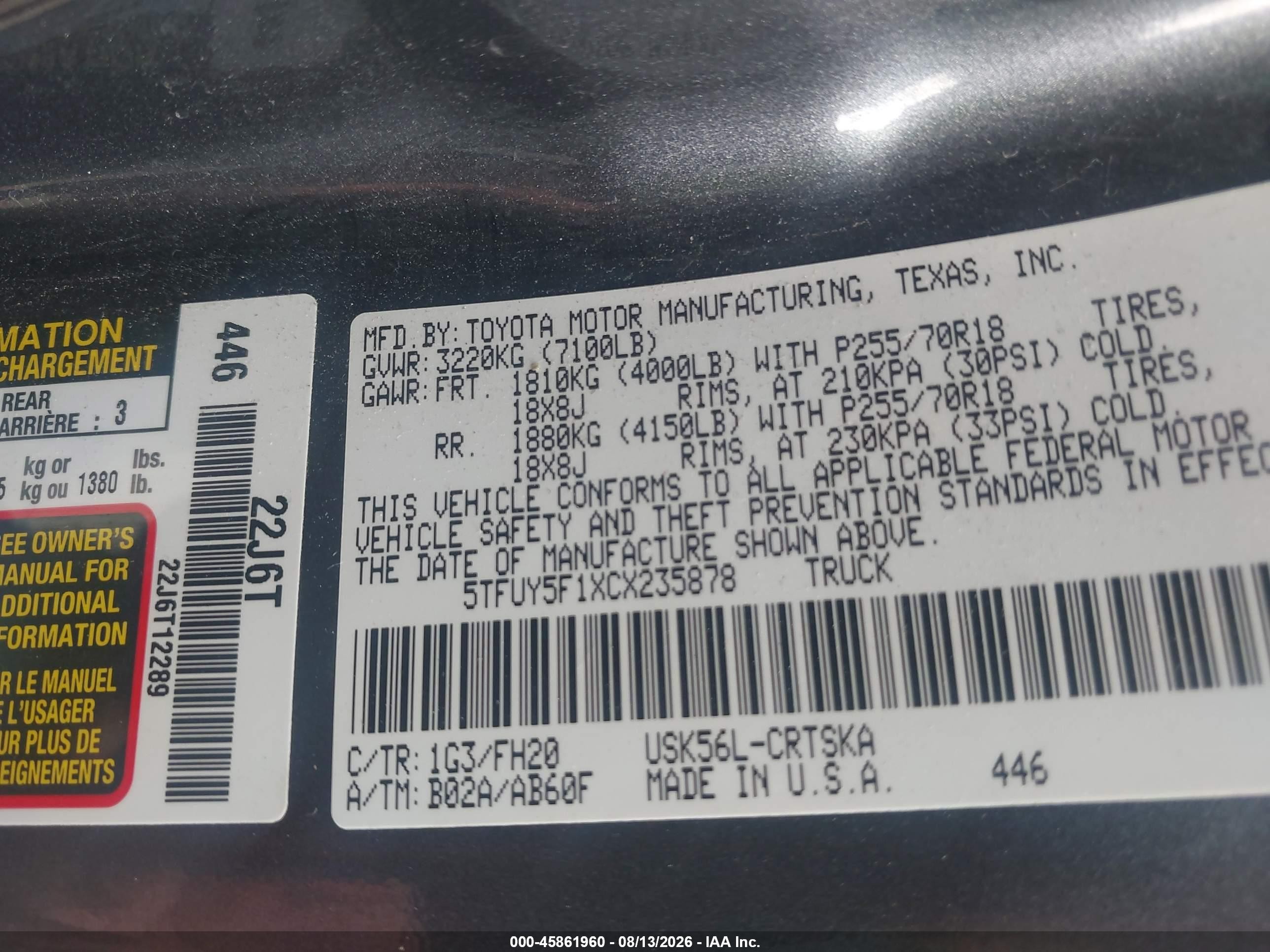 2012 Toyota Tundra Grade 5.7l V8 Gray vin: 5TFUY5F1XCX235878