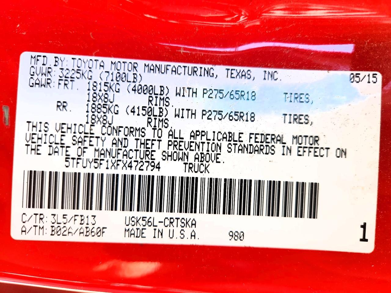 2015 Toyota Tundra Sr5 Red vin: 5TFUY5F1XFX472794