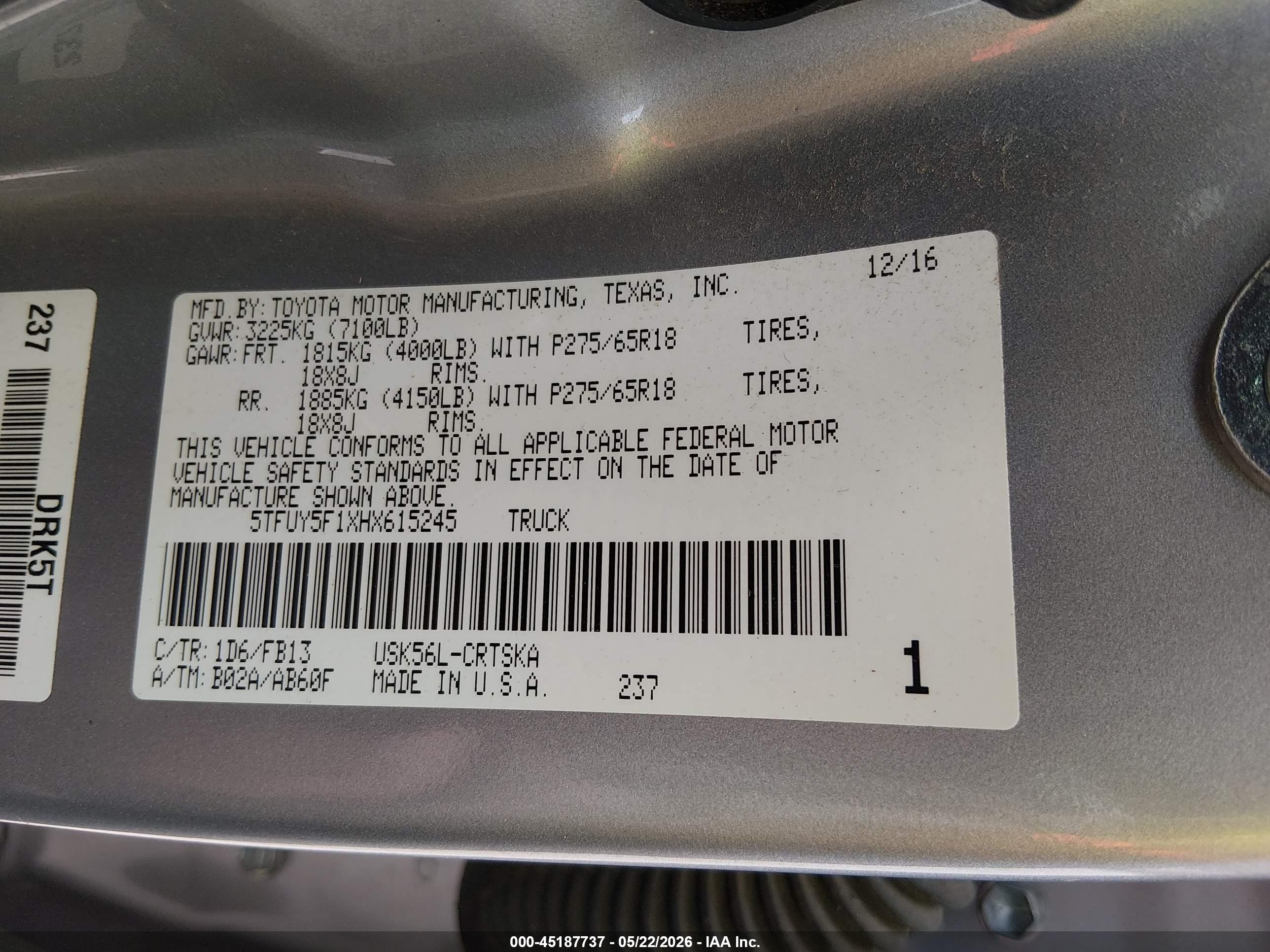 2017 Toyota Tundra Sr5 5.7l V8 Gray vin: 5TFUY5F1XHX615245