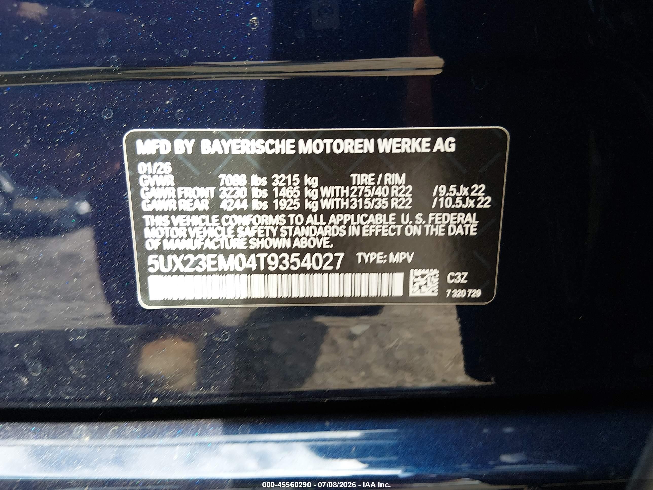 2026 Bmw X7 Xdrive40i Blue vin: 5UX23EM04T9354027