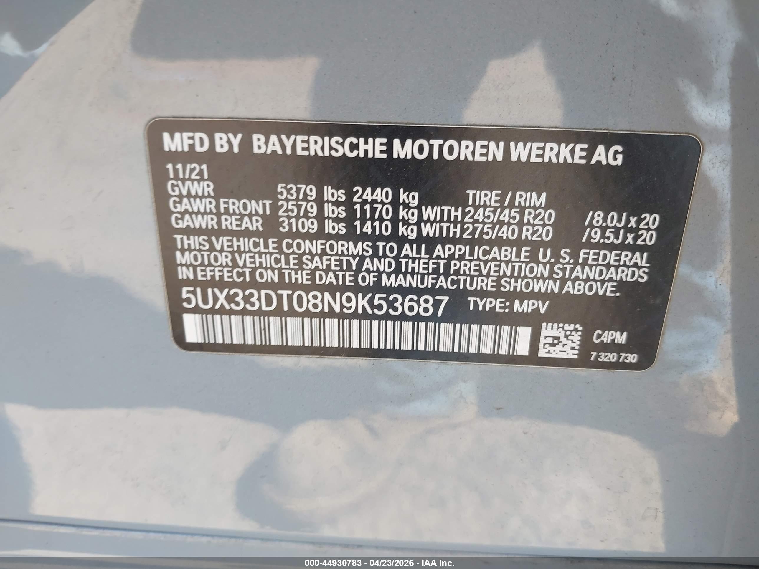 2022 Bmw X4 Xdrive30i Blue vin: 5UX33DT08N9K53687