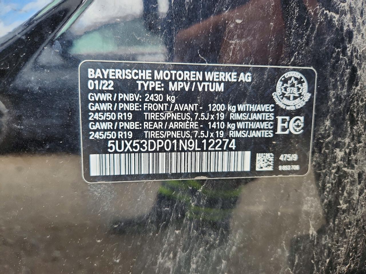 2022 Bmw X3 Xdrive30i Черный vin: 5UX53DP01N9L12274