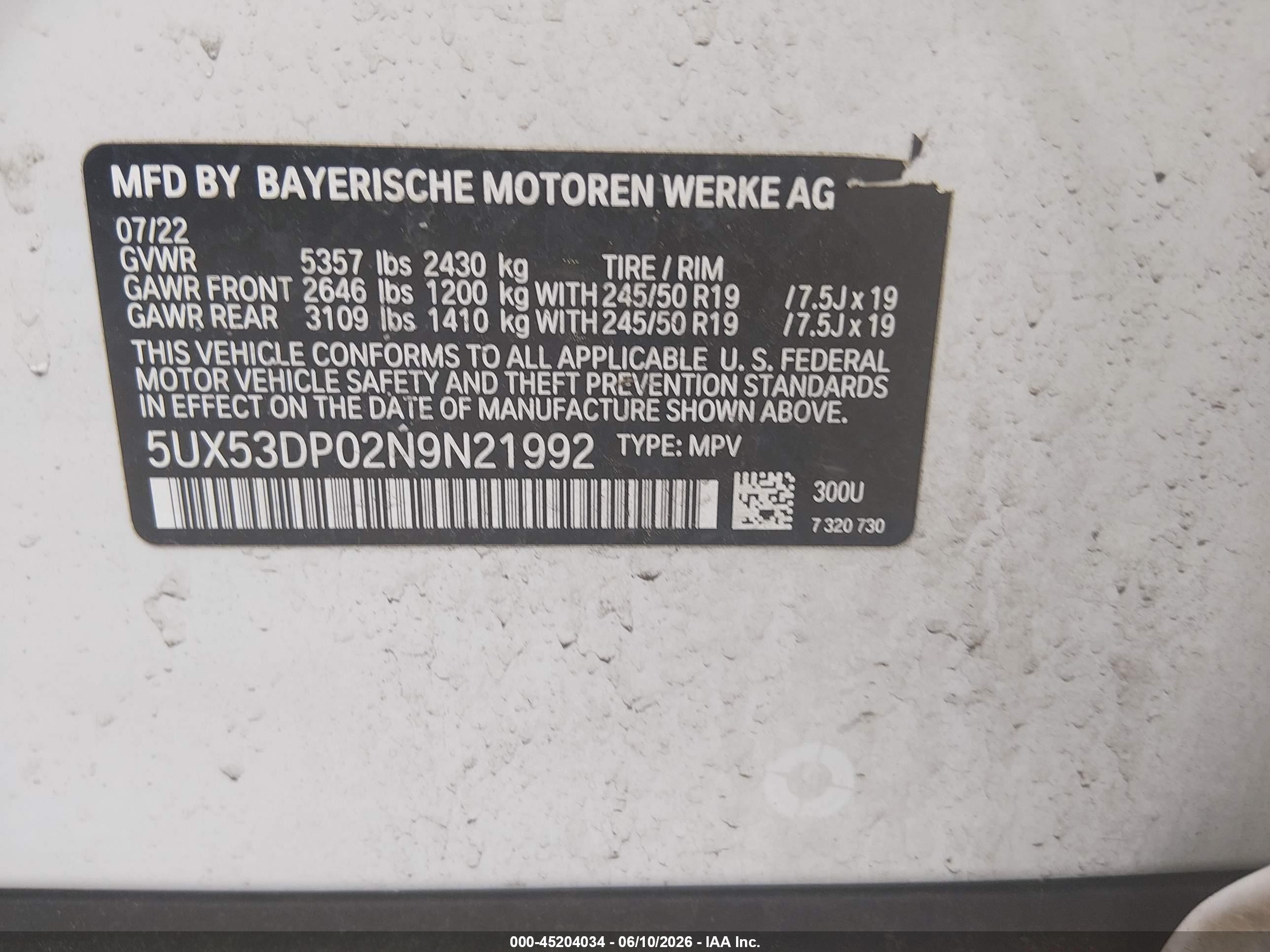 2022 Bmw X3 Xdrive30i White vin: 5UX53DP02N9N21992