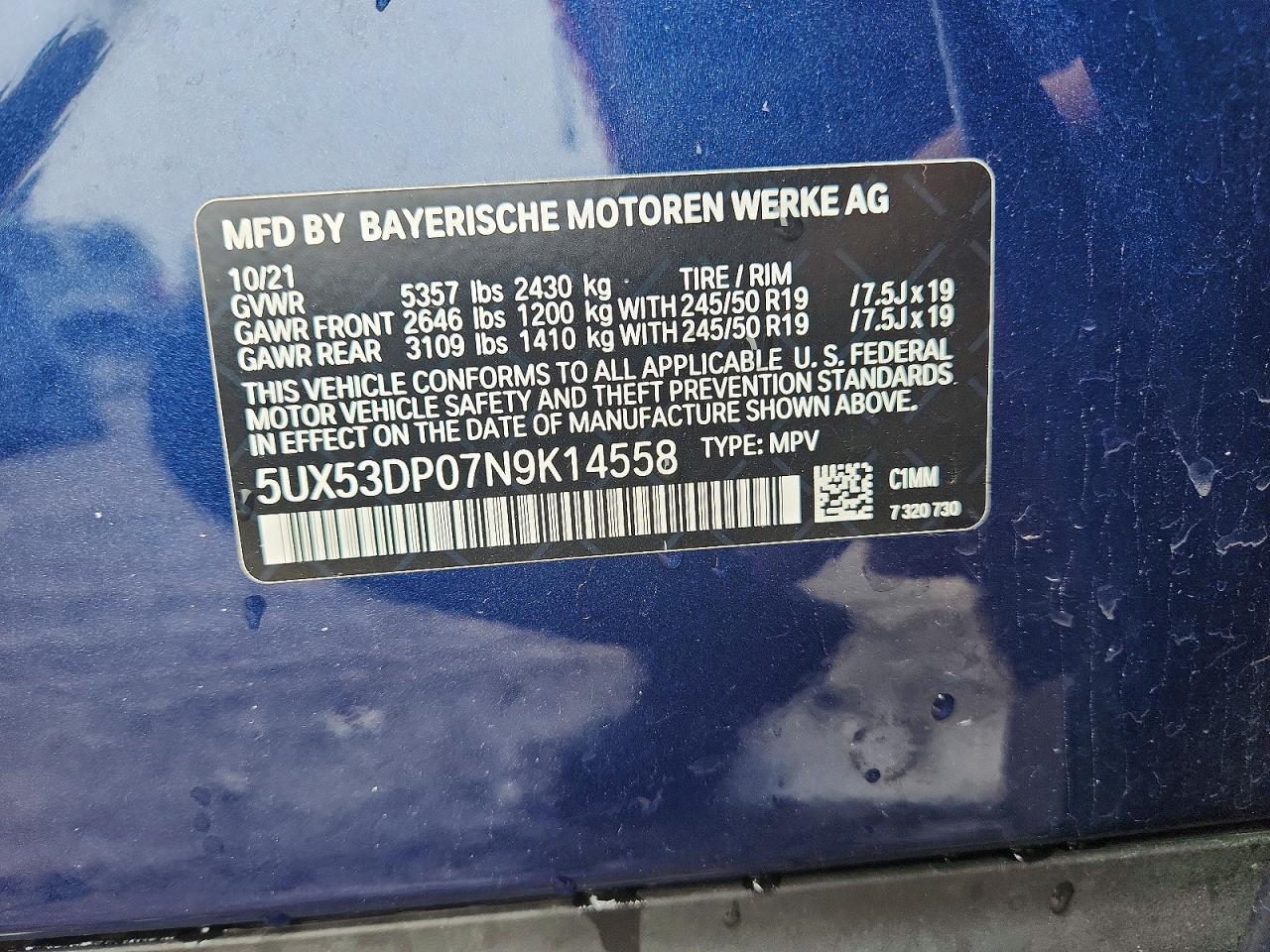 2022 Bmw X3 Xdrive30i Синий vin: 5UX53DP07N9K14558