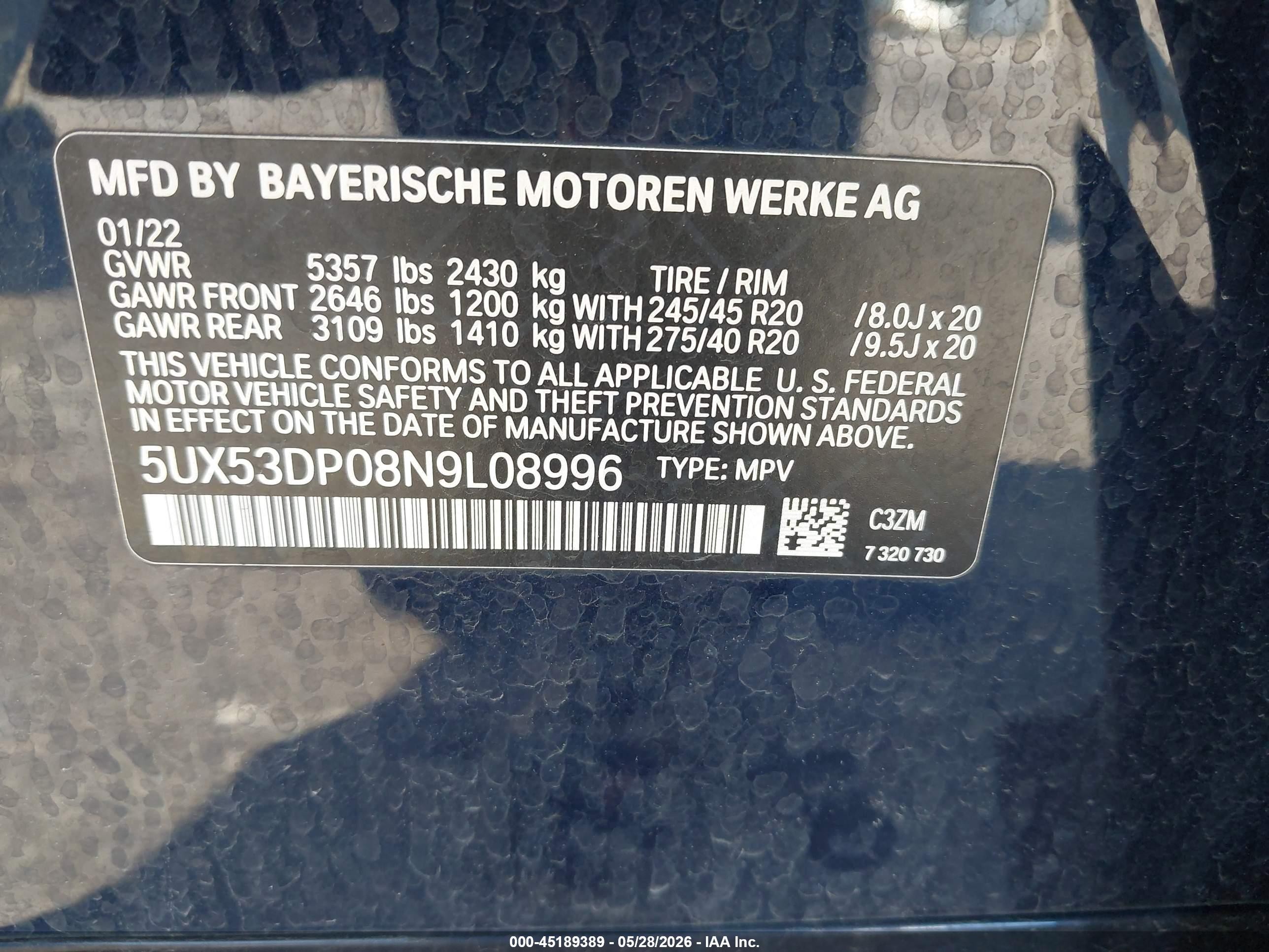 2022 Bmw X3 Xdrive30i Blue vin: 5UX53DP08N9L08996