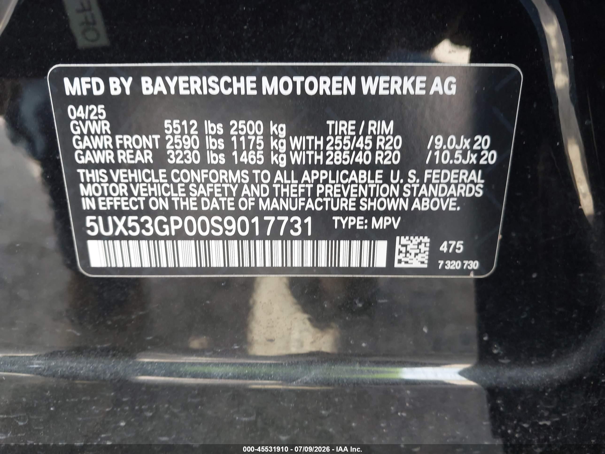 2025 Bmw X3 30 Xdrive Черный vin: 5UX53GP00S9017731