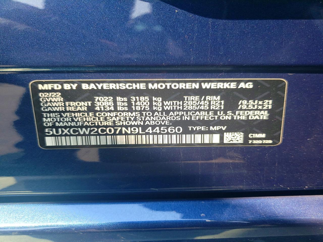 2022 Bmw X7 Xdrive40i Blue vin: 5UXCW2C07N9L44560