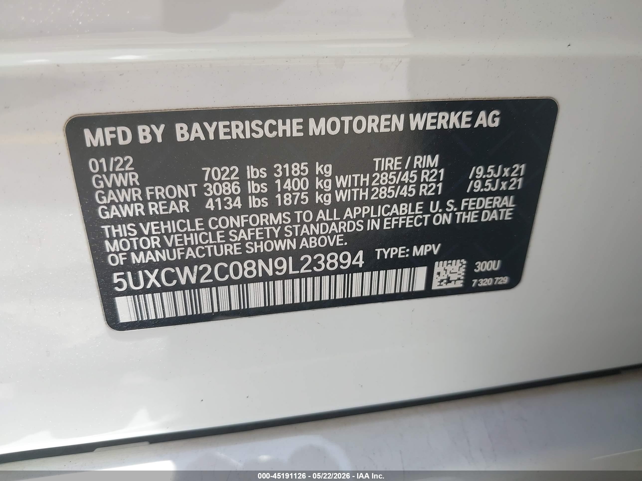 2022 Bmw X7 Xdrive40i White vin: 5UXCW2C08N9L23894
