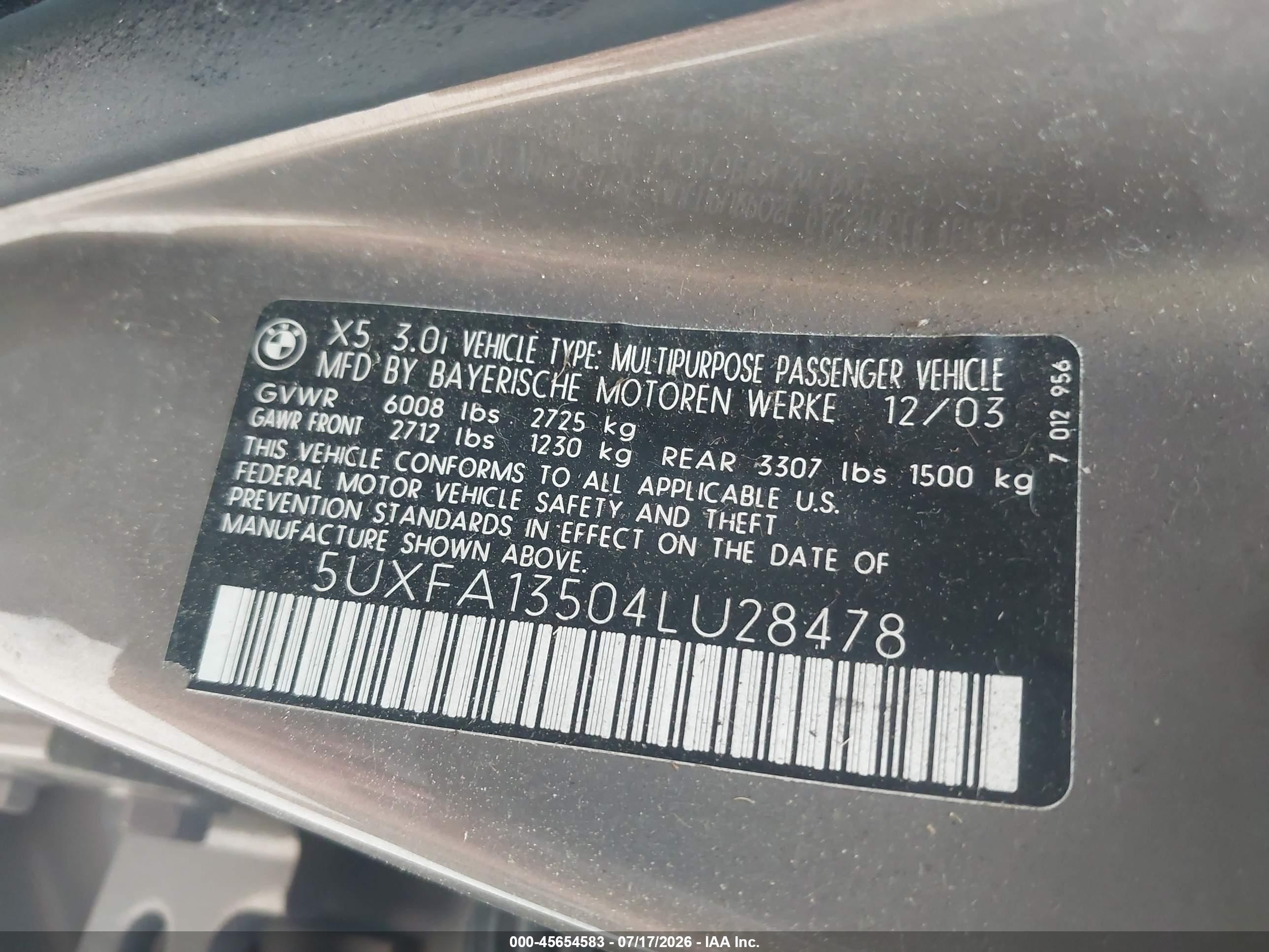 2004 Bmw X5 3.0i Желто-коричневый vin: 5UXFA13504LU28478