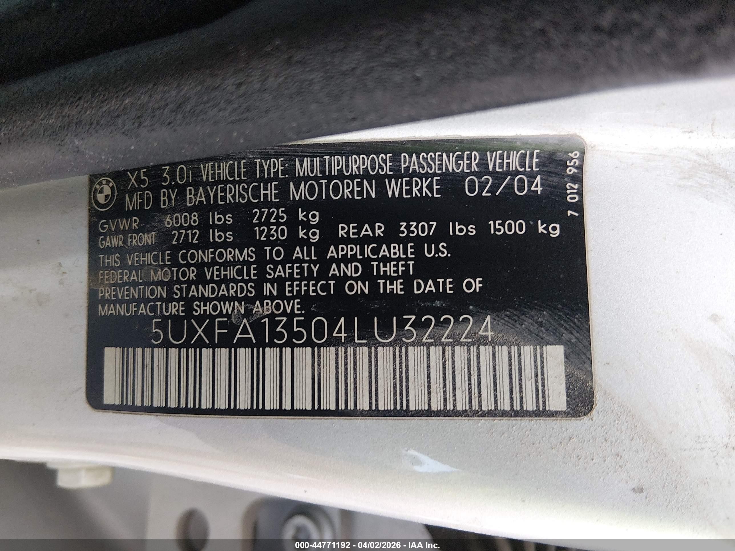 2004 Bmw X5 3.0i Silver vin: 5UXFA13504LU32224