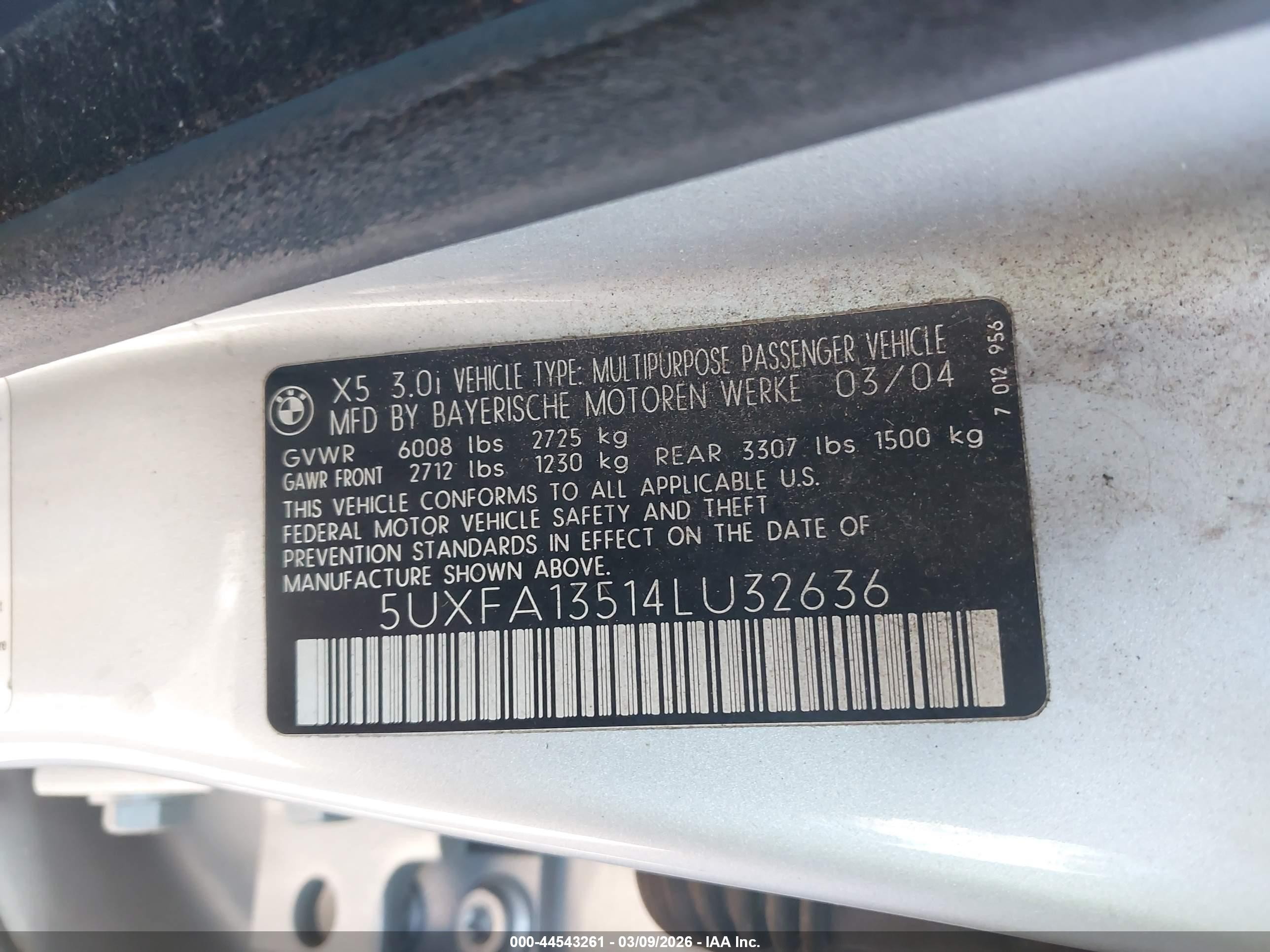 2004 Bmw X5 3.0i Silver vin: 5UXFA13514LU32636