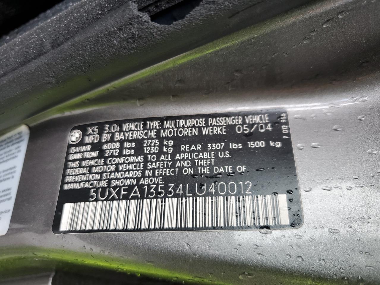 2004 Bmw X5 3.0i Gray vin: 5UXFA13534LU40012