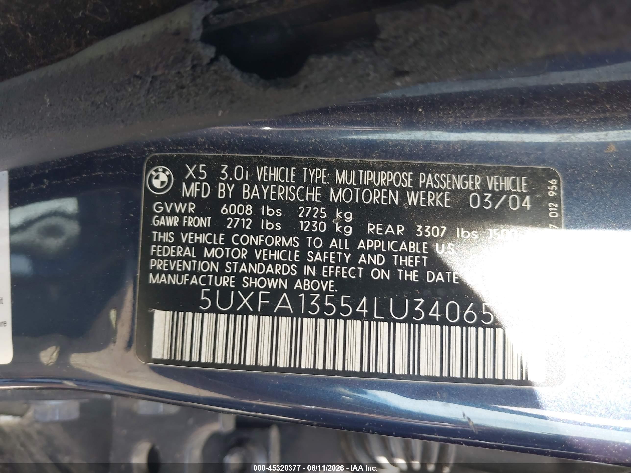 2004 Bmw X5 3.0i Dark Blue vin: 5UXFA13554LU34065