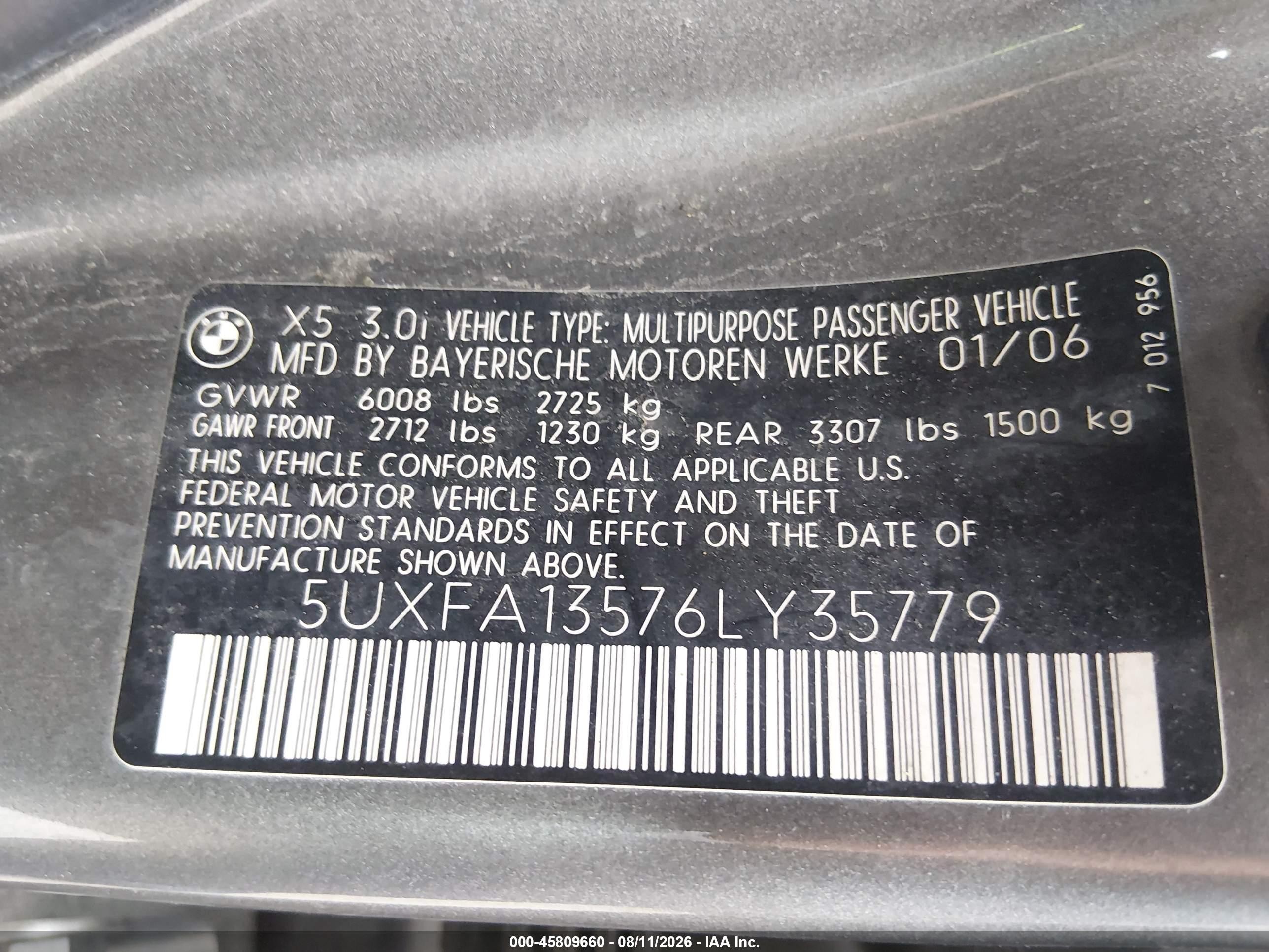 2006 Bmw X5 3.0i Gray vin: 5UXFA13576LY35779
