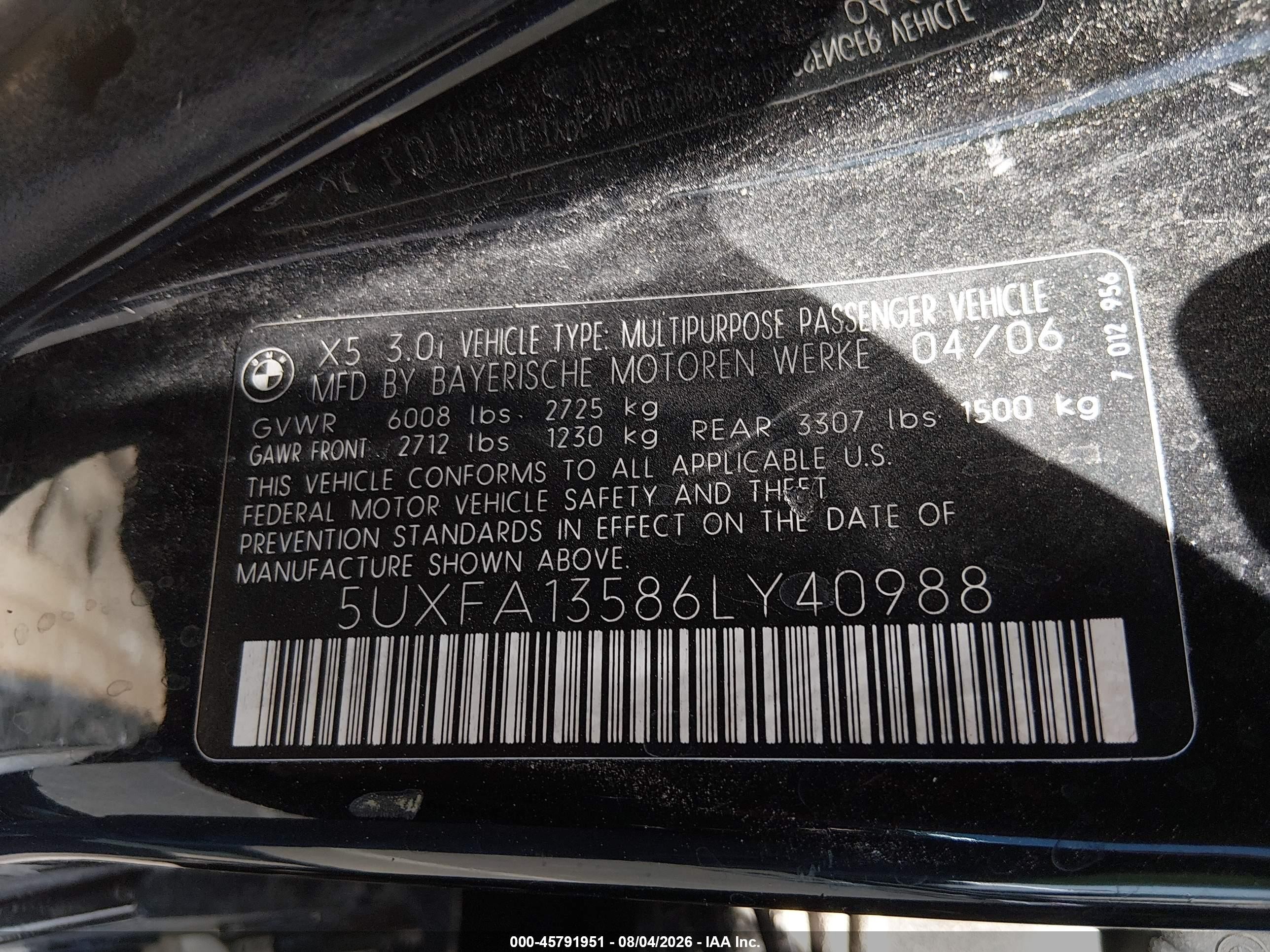 2006 Bmw X5 3.0i Black vin: 5UXFA13586LY40988