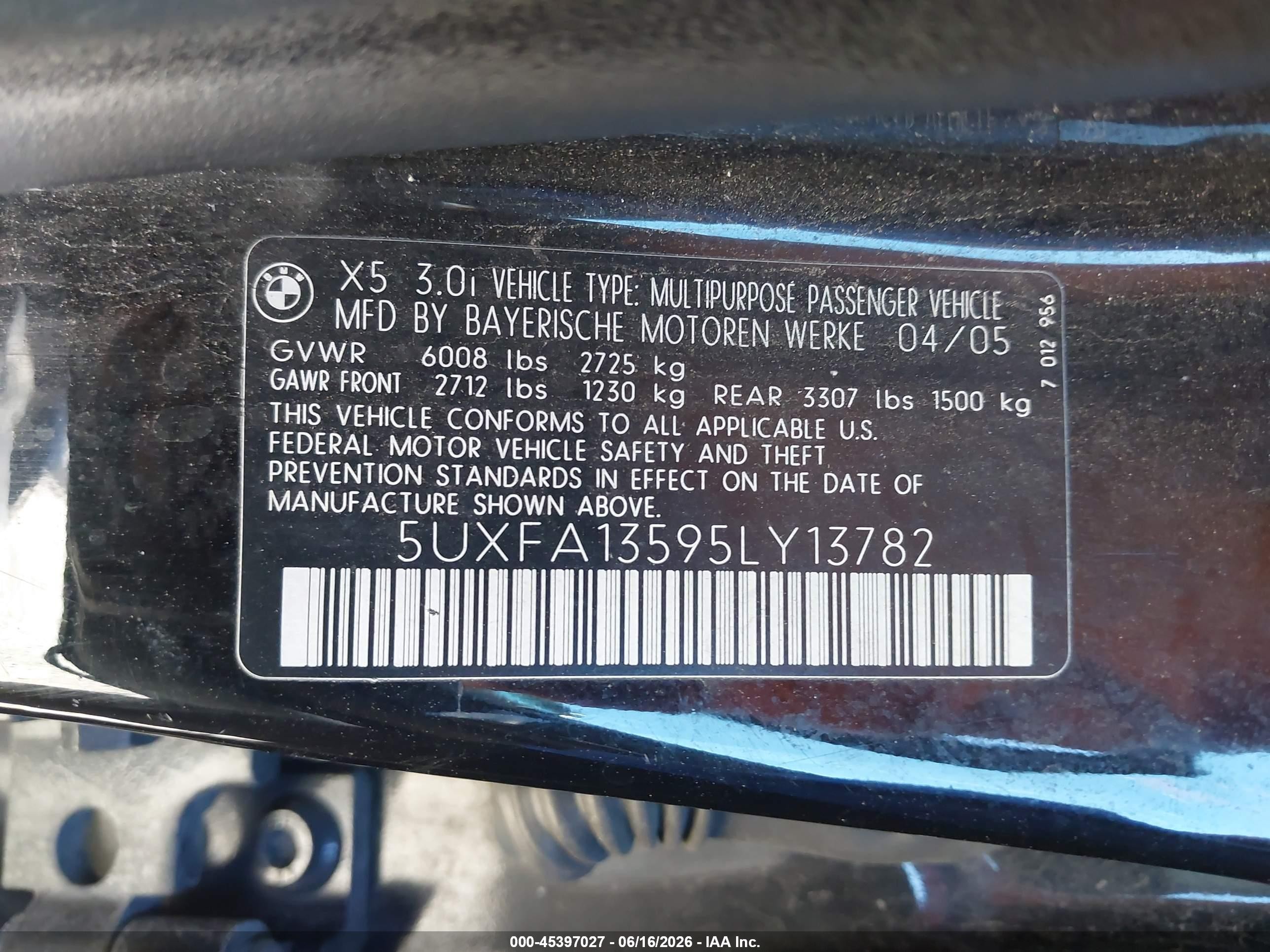 2005 Bmw X5 3.0i Black vin: 5UXFA13595LY13782