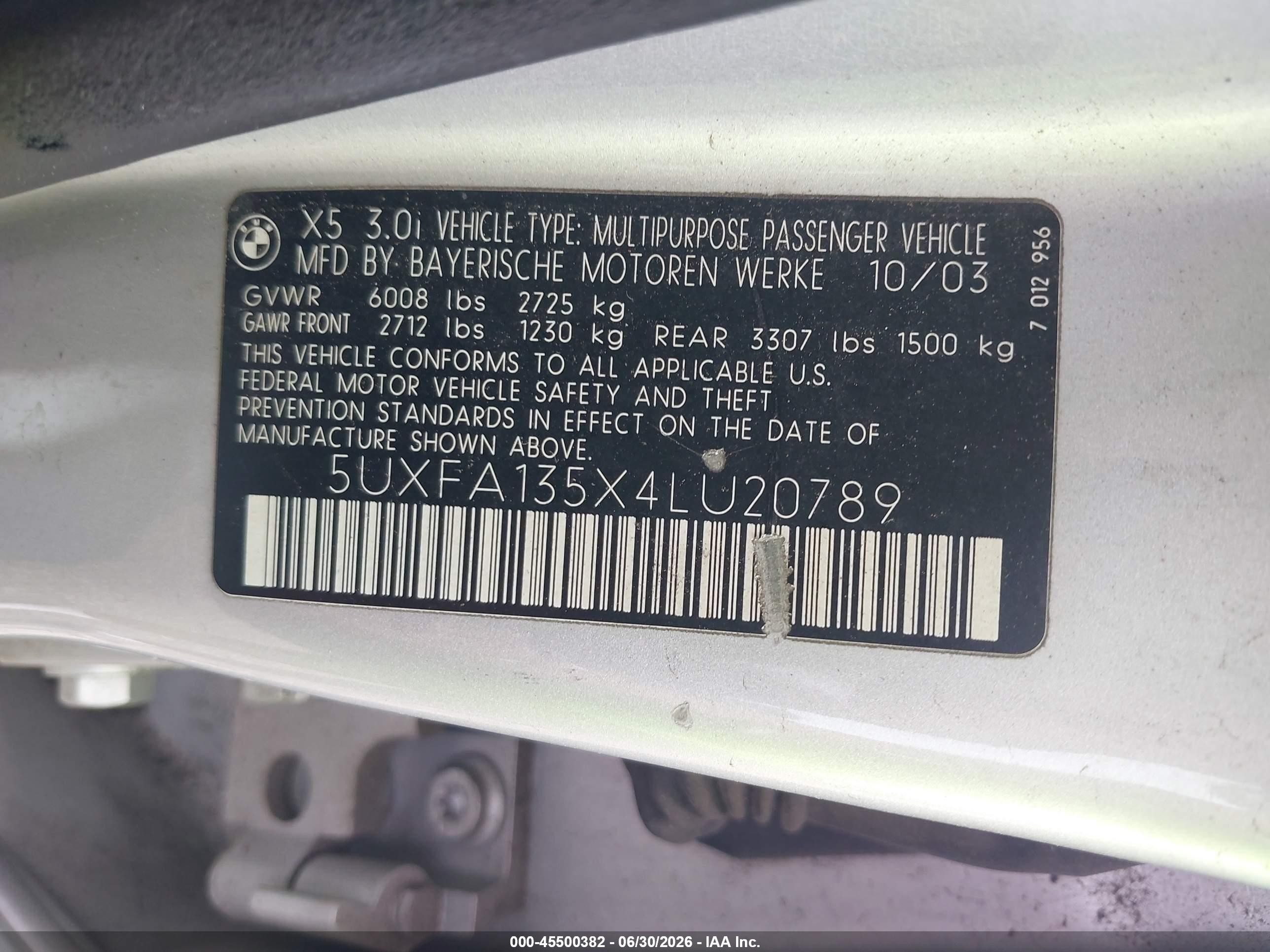 2004 Bmw X5 3.0i Серый vin: 5UXFA135X4LU20789
