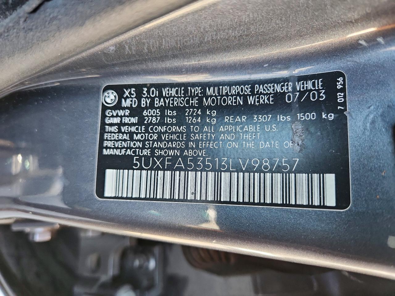 2003 Bmw X5 3.0i Blue vin: 5UXFA53513LV98757