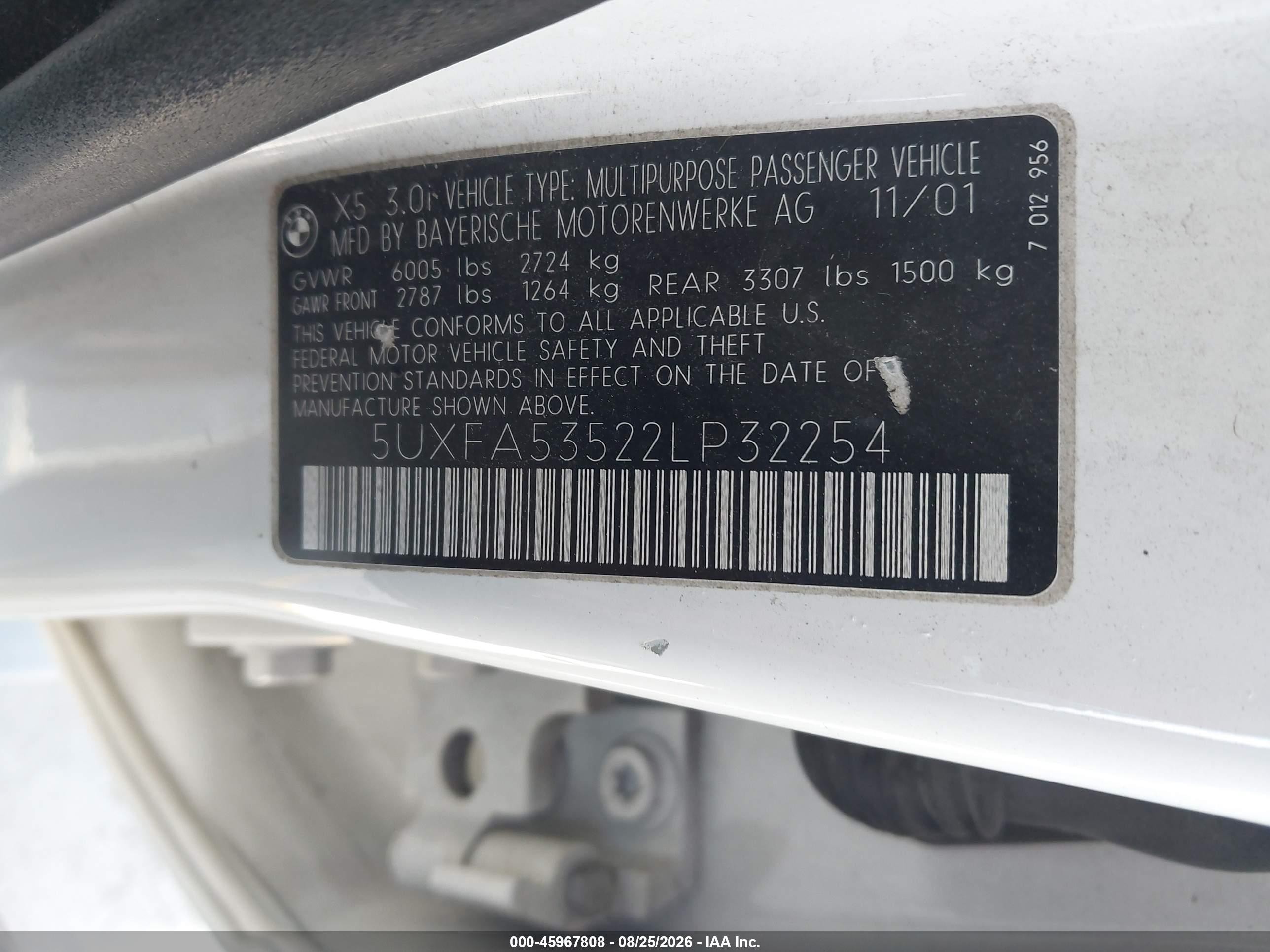 2002 Bmw X5 3.0i Белый vin: 5UXFA53522LP32254