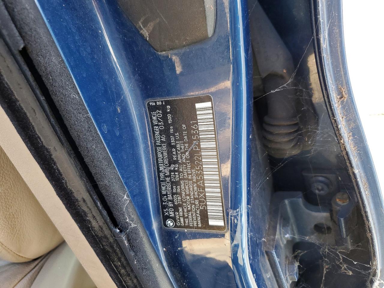 2002 Bmw X5 3.0i Blue vin: 5UXFA53522LP45361