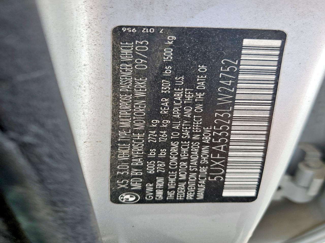 2003 Bmw X5 3.0i Silver vin: 5UXFA53523LW24752
