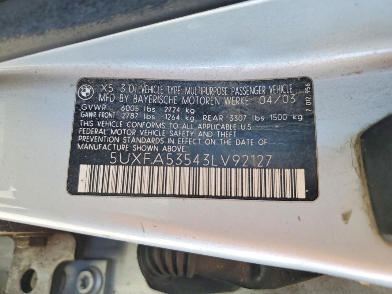 2003 Bmw X5 3.0i Silver vin: 5UXFA53543LV92127