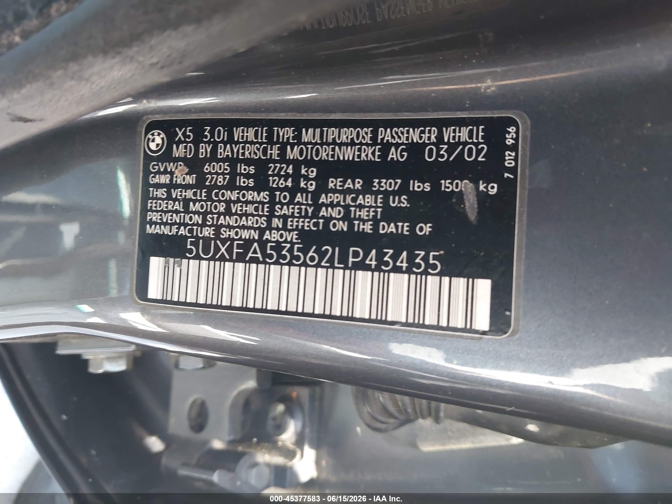 2002 Bmw X5 3.0i Gray vin: 5UXFA53562LP43435