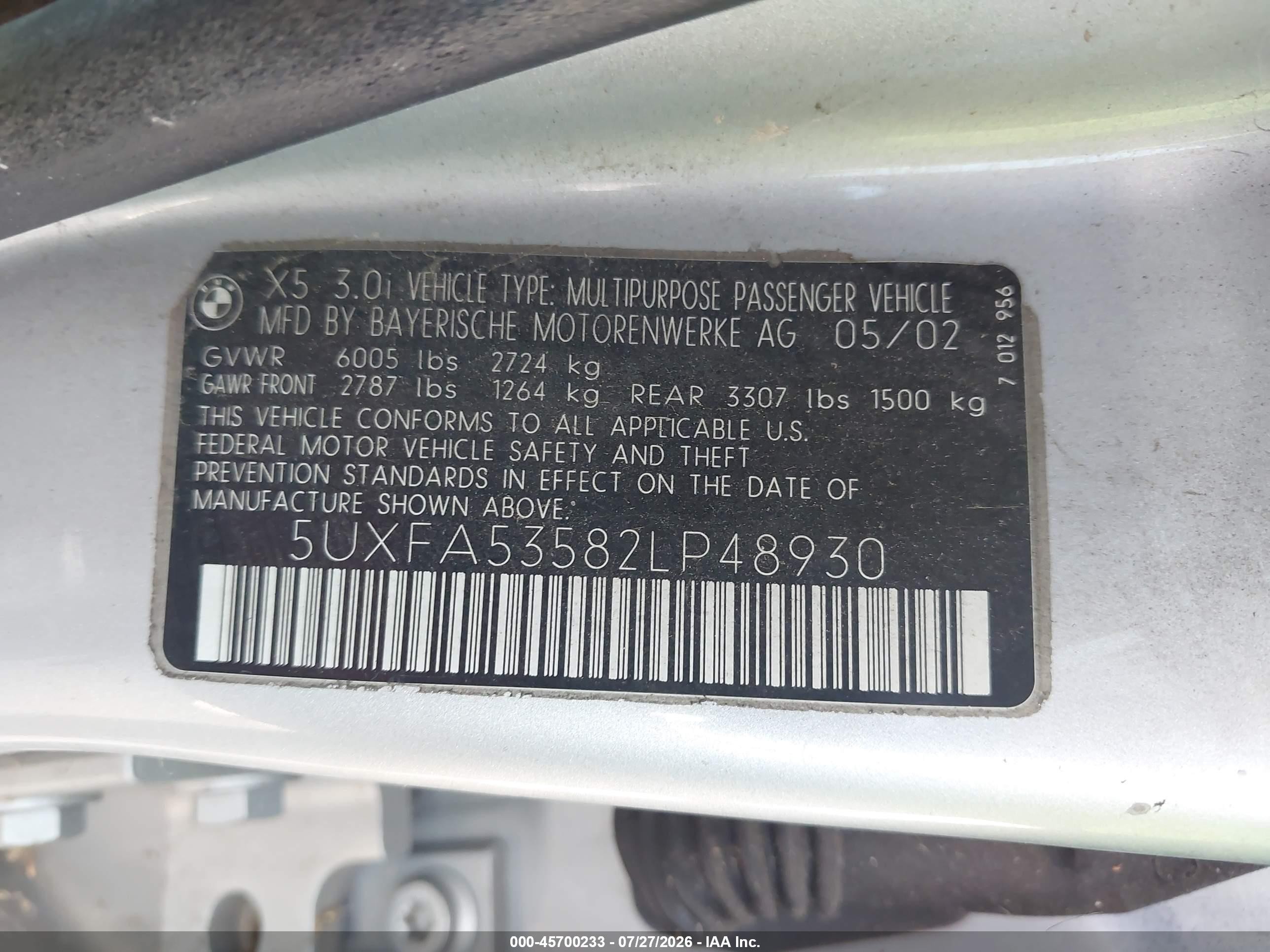 2002 Bmw X5 3.0i Silver vin: 5UXFA53582LP48930