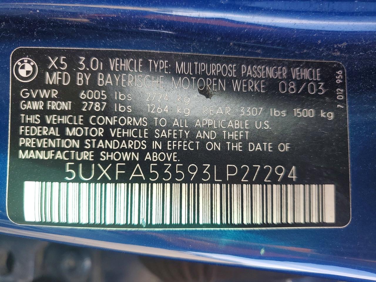 2003 Bmw X5 3.0i Blue vin: 5UXFA53593LP27294